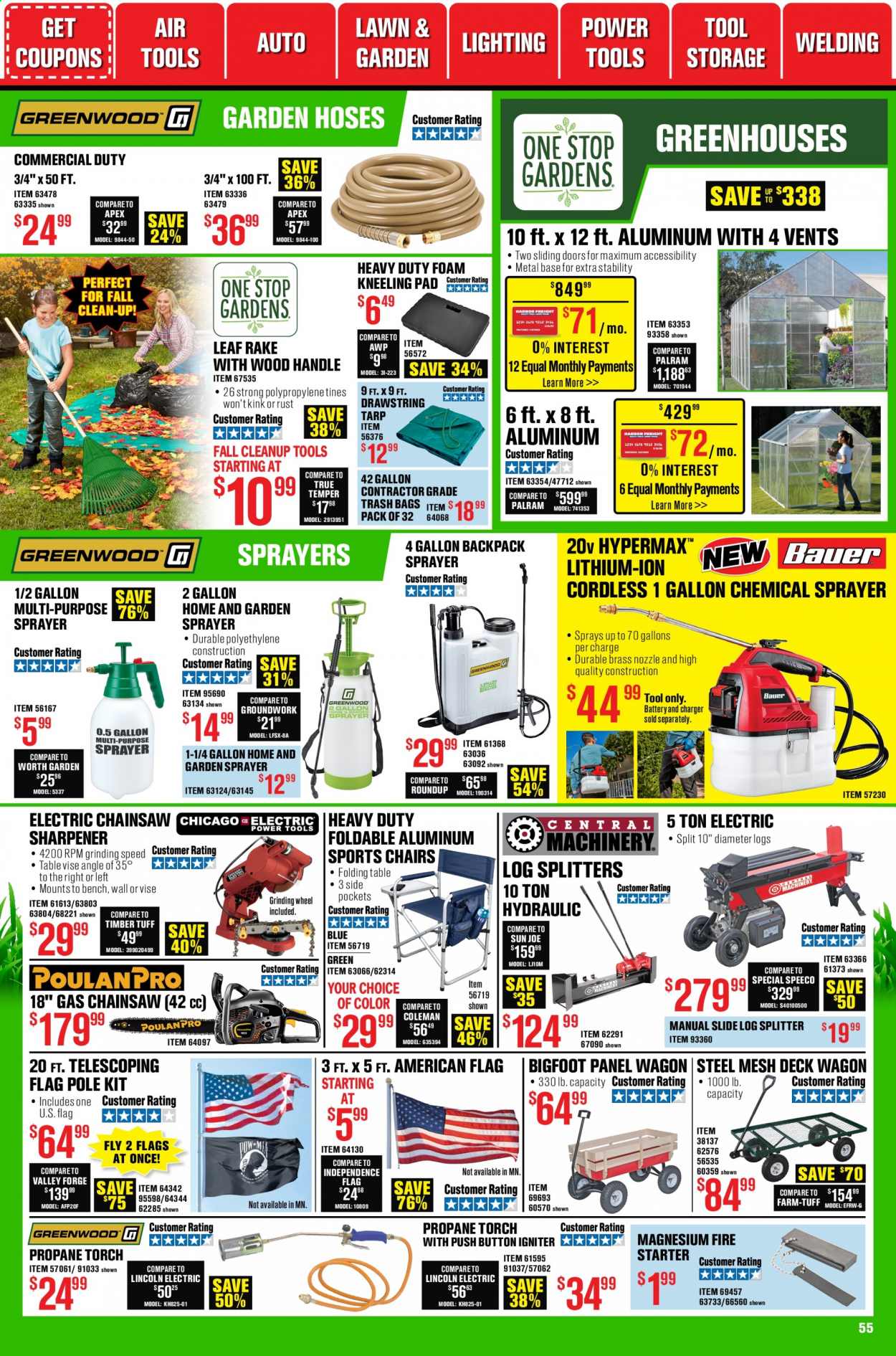 thumbnail - Harbor Freight Flyer - 01/01/2021 - 01/28/2021 - Sales products - backpack, bag, torch, door, power tools, chain saw, grinding wheel, log splitter, steel mesh deck wagon, sprayer, garden hose, Roundup, starter. Page 55.