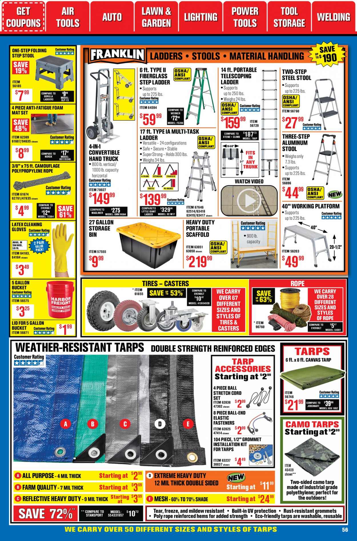 thumbnail - Harbor Freight Flyer - 01/01/2021 - 01/28/2021 - Sales products - tarps, ladder, step stool, anti-fatigue foam, power tools, gloves, cord set, storage bin, hand truck, weather-resistant tarp, tires. Page 56.