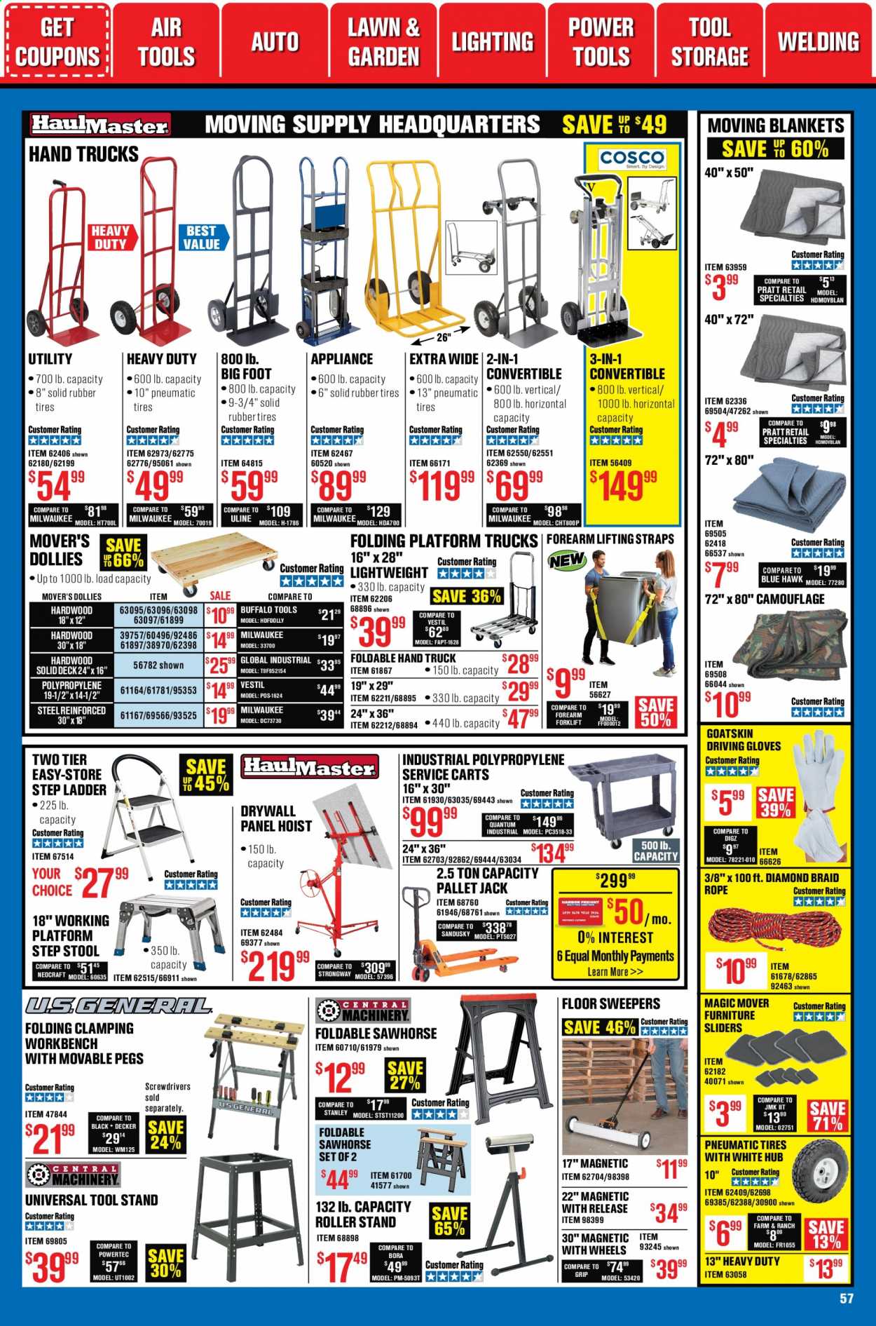 thumbnail - Harbor Freight Flyer - 01/01/2021 - 01/28/2021 - Sales products - Black & Decker, ladder, step stool, roller, Stanley, Milwaukee, power tools, gloves, blanket, hand truck, tool stand, tires. Page 57.