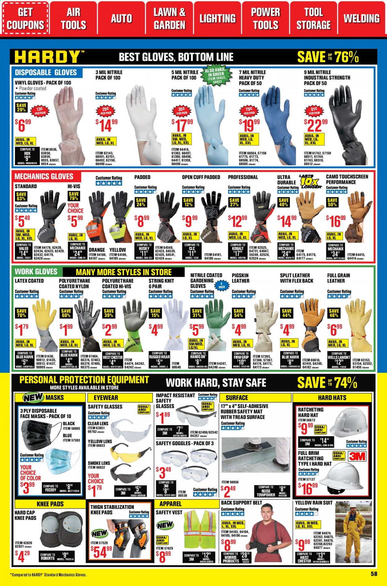thumbnail - Harbor Freight Flyer - 01/01/2021 - 01/28/2021 - Sales products - adhesive, vinyl, Reese Towpower, power tools, gloves, safety glasses, work gloves. Page 58.