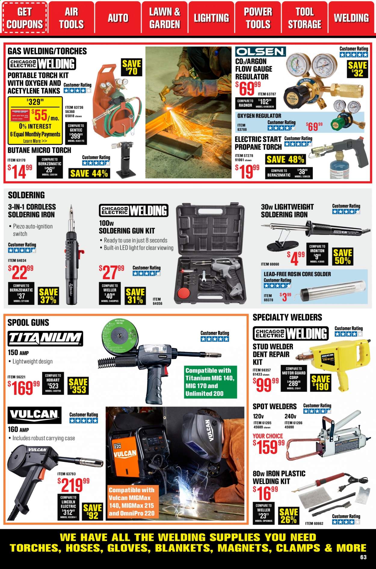 thumbnail - Harbor Freight Flyer - 01/01/2021 - 01/28/2021 - Sales products - torch, gun, LED light, power tools, gloves, blanket, electric start propane torch, soldering iron, welder. Page 63.