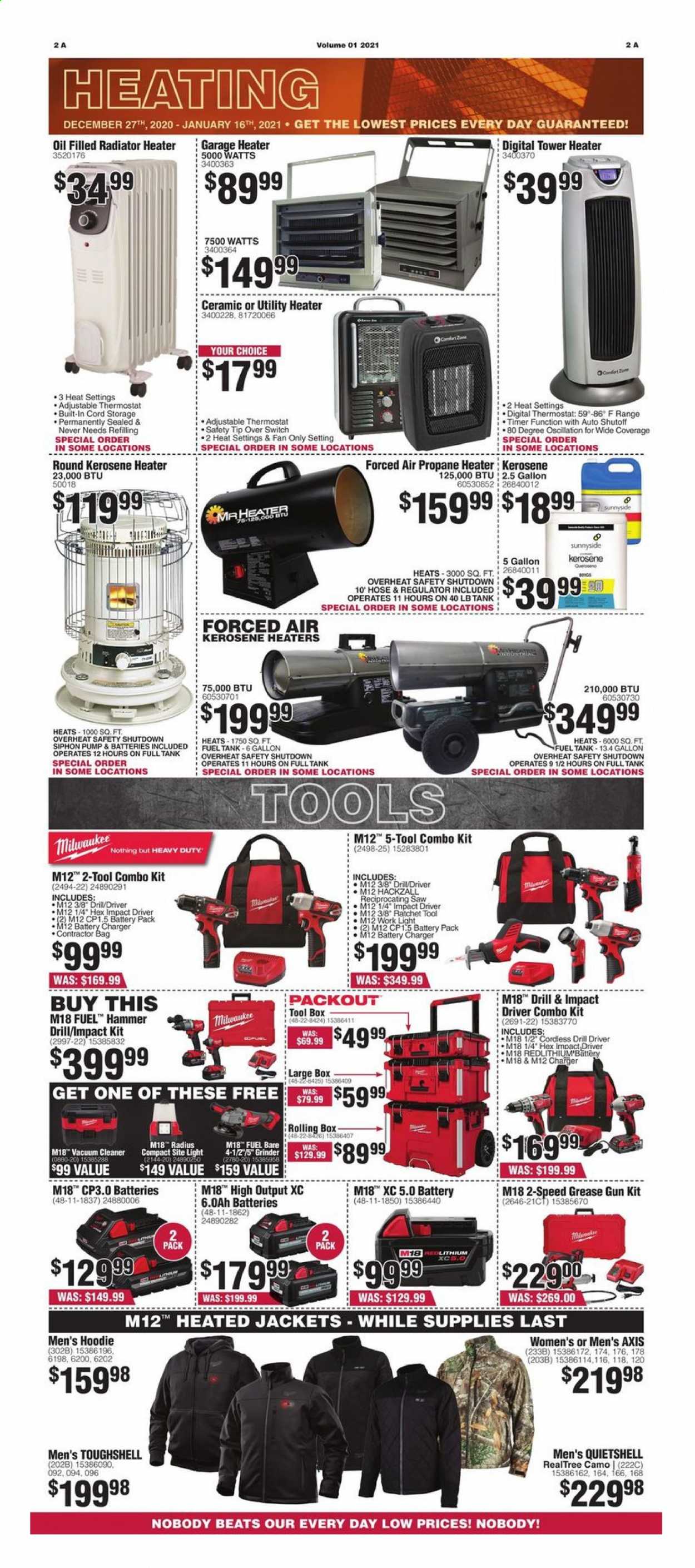 thumbnail - Rural King Flyer - 12/27/2020 - 01/16/2021 - Sales products - oil, grinder, battery charger, tank, Beats, vacuum cleaner, jacket, hoodie, gun, work light, switch, heater, Milwaukee, drill, impact driver, hammer, saw, reciprocating saw, tool box, combo kit, kerosene, pump, cleaner. Page 2.