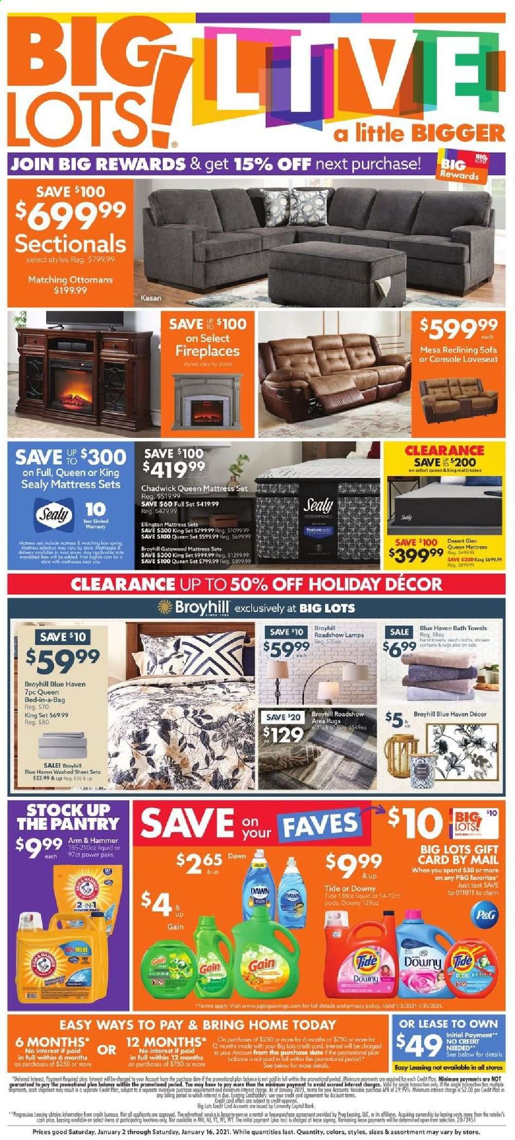 thumbnail - Big Lots Flyer - 01/02/2021 - 01/16/2021 - Sales products - loveseat, sofa, bed, queen bed, mattress, ARM & HAMMER, L'Or, Gain, Tide, curtain, bath towel, towel. Page 1.