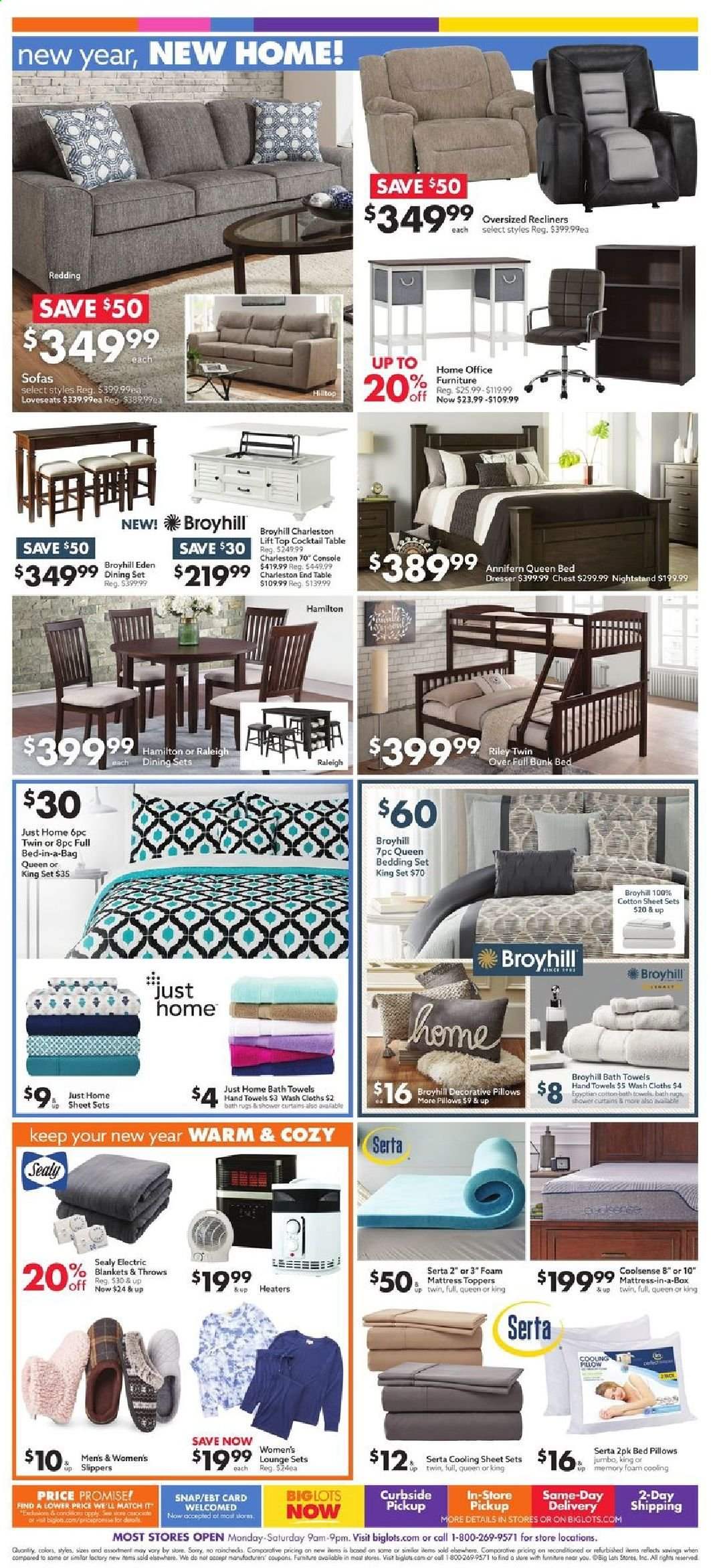 thumbnail - Big Lots Flyer - 01/02/2021 - 01/16/2021 - Sales products - dining set, sofa, end table, bed, queen bed, mattress, foam mattress, dresser, nightstand, slippers, L'Or, bedding, blanket, pillow, bath towel, towel, Lee. Page 2.