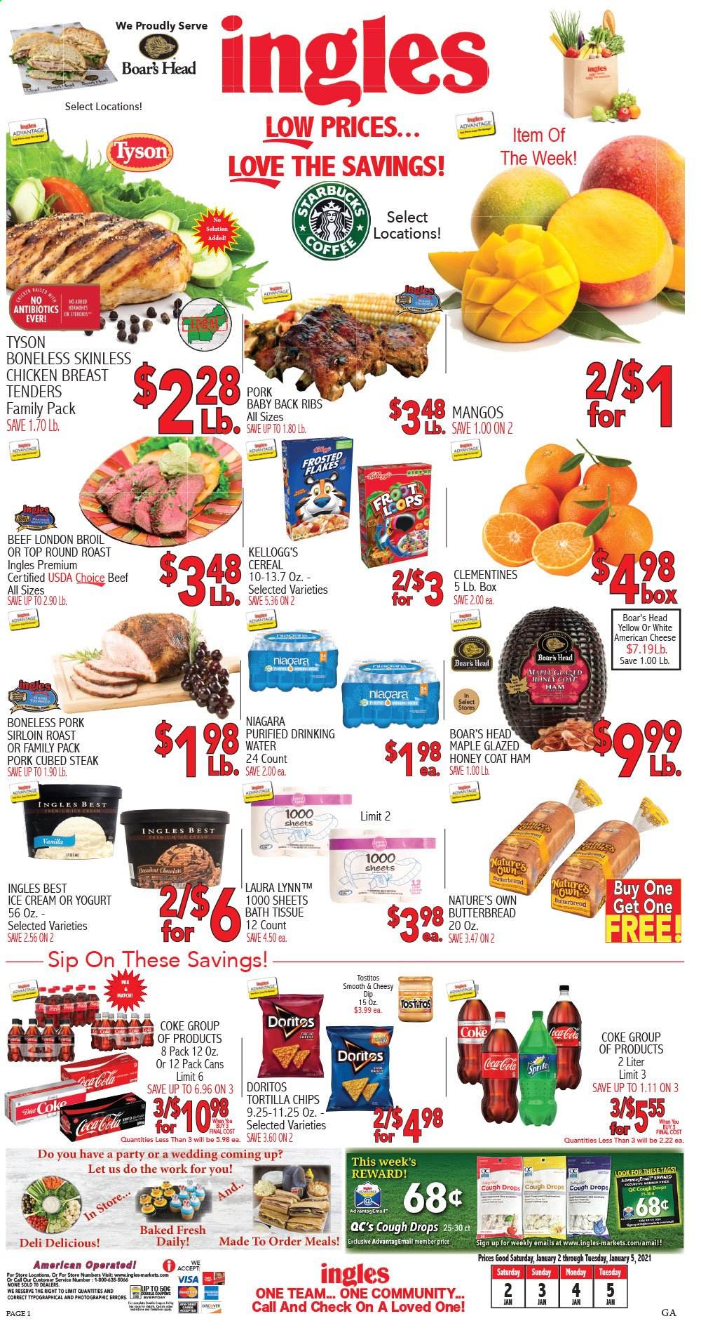 thumbnail - Ingles Flyer - 01/02/2021 - 01/05/2021 - Sales products - ham, american cheese, cheese, yoghurt, dip, ice cream, mango, Kellogg's, Doritos, tortilla chips, chips, Tostitos, cereals, honey, Coca-Cola, Sprite, coffee, chicken breasts, beef meat, steak, round roast, pork loin, pork meat, pork back ribs, bath tissue, Nature's Own, cough drops. Page 1.