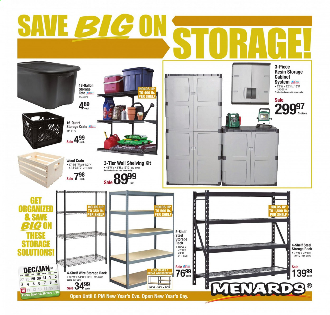 thumbnail - Menards Flyer - 12/29/2020 - 01/10/2021 - Sales products - crate, work bench, cabinet, gallon, tote, tool cabinets, storage tote. Page 1.