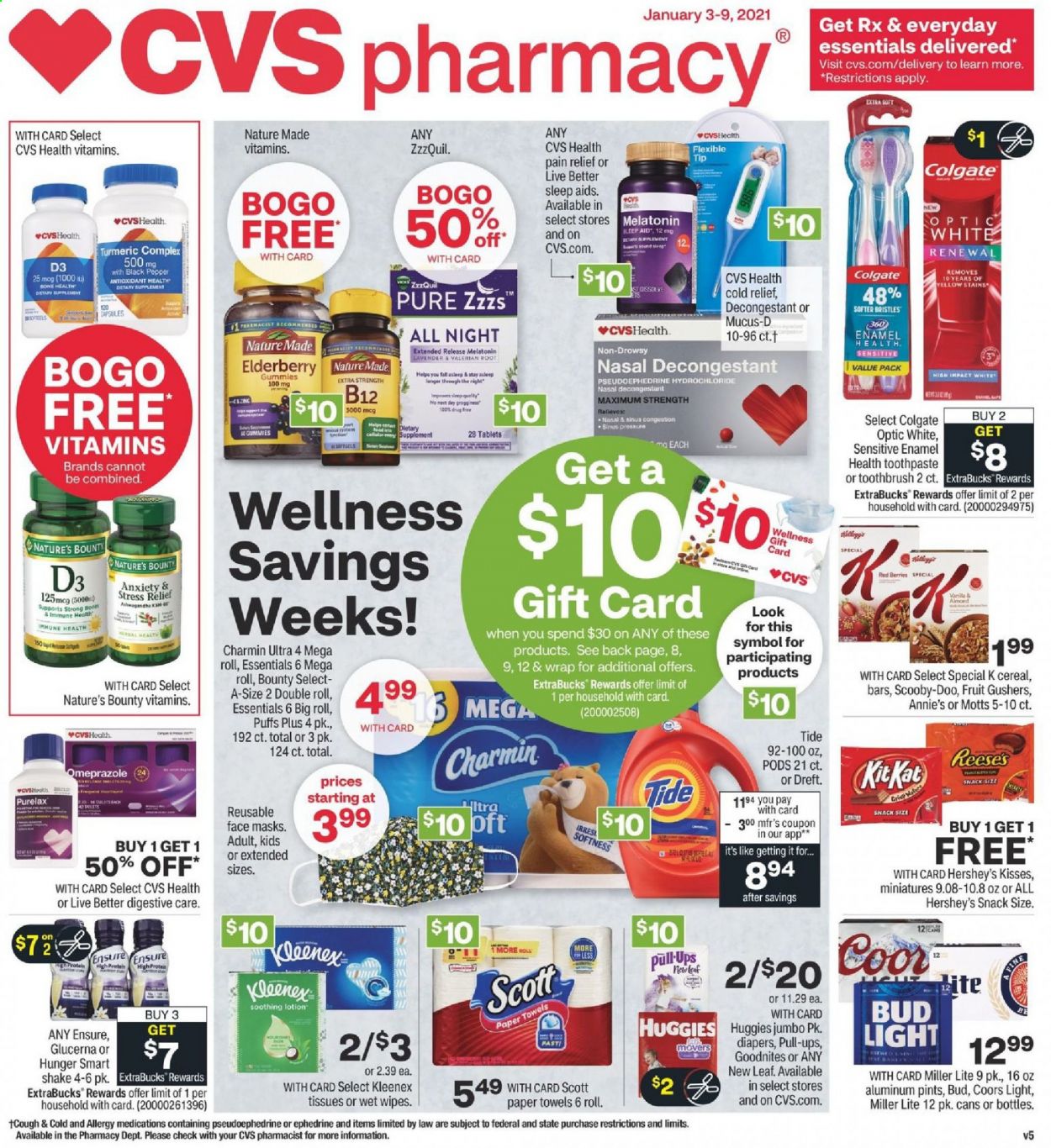 thumbnail - CVS Pharmacy Flyer - 01/03/2021 - 01/09/2021 - Sales products - Annie's, shake, Reese's, Hershey's, Bounty, Digestive, snack, cereals, almonds, Mott's, Huggies, Kleenex, tissues, kitchen towels, paper towels, Charmin, wipes, Tide, Colgate, toothbrush, toothpaste, Purelax, body lotion, Scott, pain relief, Melatonin, Nature Made, Nature's Bounty, ZzzQuil, Glucerna, zinc, vitamin D3, face mask, beer, Miller Lite, Coors, Bud Light. Page 1.