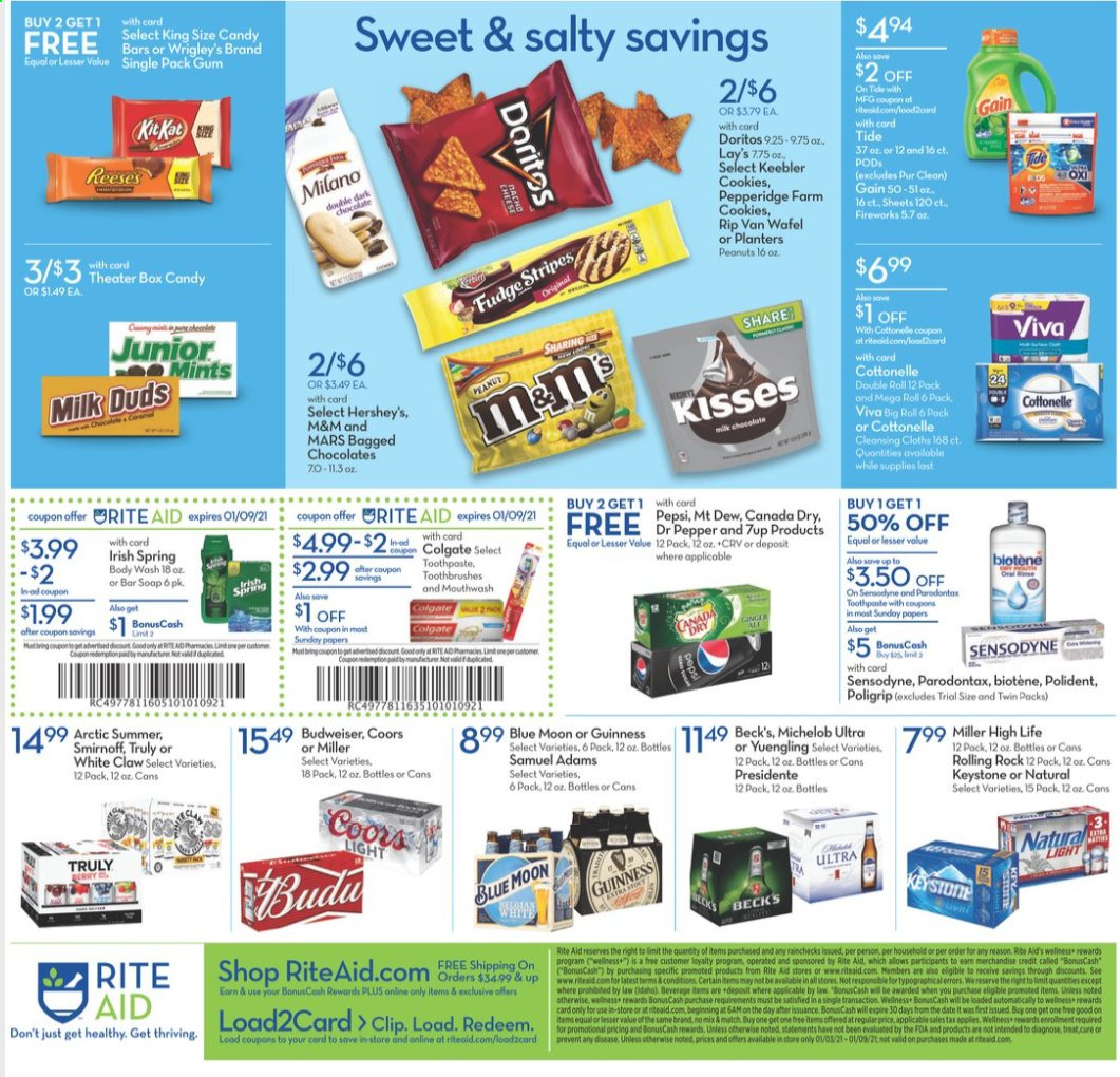 thumbnail - RITE AID Flyer - 01/03/2021 - 01/09/2021 - Sales products - Reese's, Hershey's, cookies, milk chocolate, chocolate, Milk Duds, Mars, M&M's, Keebler, Doritos, Lay’s, pepper, peanuts, Planters, Canada Dry, Pepsi, 7UP, Smirnoff, White Claw, TRULY, beer, Budweiser, Coors, Blue Moon, Yuengling, Michelob, Guinness, Miller, Beck's, Keystone, Cottonelle, Gain, Tide, body wash, soap bar, soap, Biotene, Colgate, toothpaste, Sensodyne, mouthwash, Polident, Brite, tray. Page 2.
