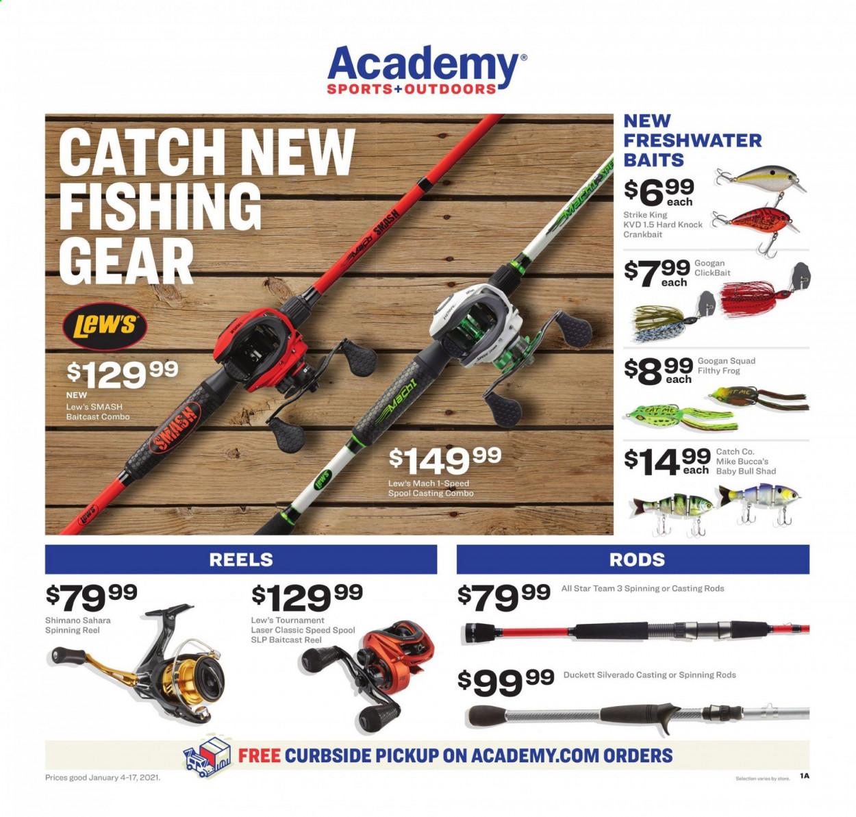 thumbnail - Academy Sports + Outdoors Flyer - 01/04/2021 - 01/17/2021 - Sales products - Shimano, baitcast combo, baitcast reel, reel, spinning reel, fishing rod. Page 1.