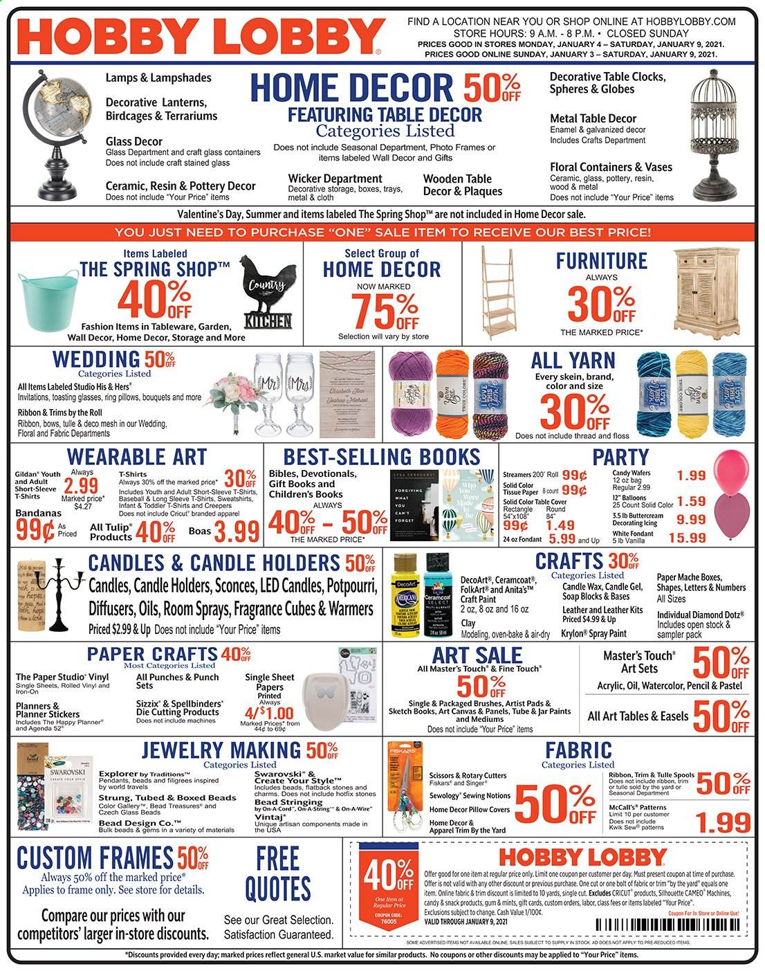 thumbnail - Hobby Lobby Flyer - 01/03/2021 - 01/09/2021 - Sales products - sticker, scissors, paper, pencil, canvas, balloons, ribbon, pillow cover, wall decor, vase. Page 1.