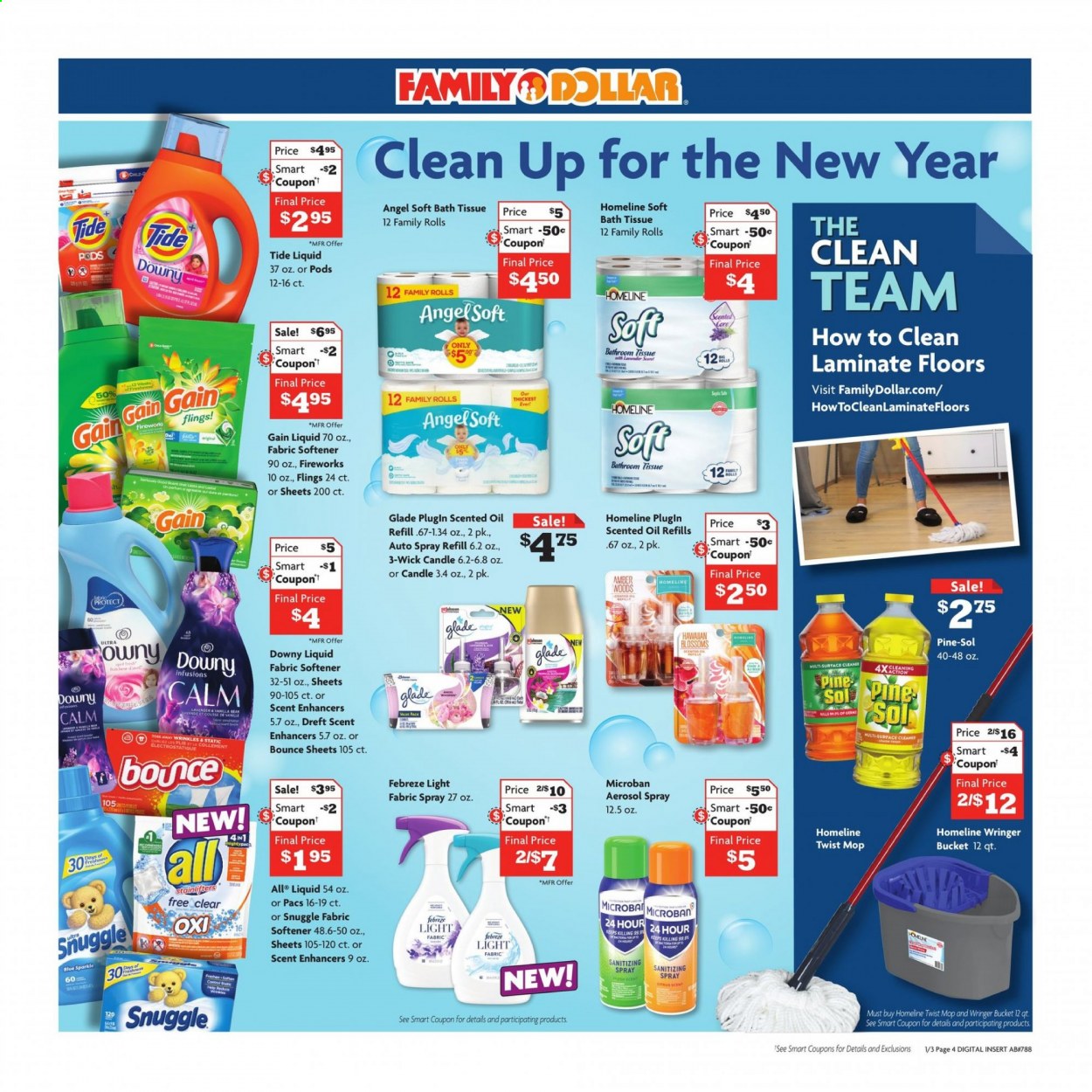 thumbnail - Family Dollar Flyer - 01/03/2021 - 01/09/2021 - Sales products - oil, bath tissue, Febreze, Gain, surface cleaner, cleaner, Pine-Sol, Snuggle, Tide, fabric softener, Bounce, mop, candle, Glade, scented oil. Page 4.