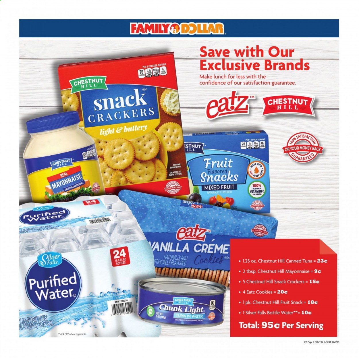 thumbnail - Family Dollar Flyer - 01/03/2021 - 01/09/2021 - Sales products - tuna, mayonnaise, cookies, crackers, fruit snack, snack, broth, canned tuna, tuna in water, chestnuts, purified water, vitamin c. Page 9.
