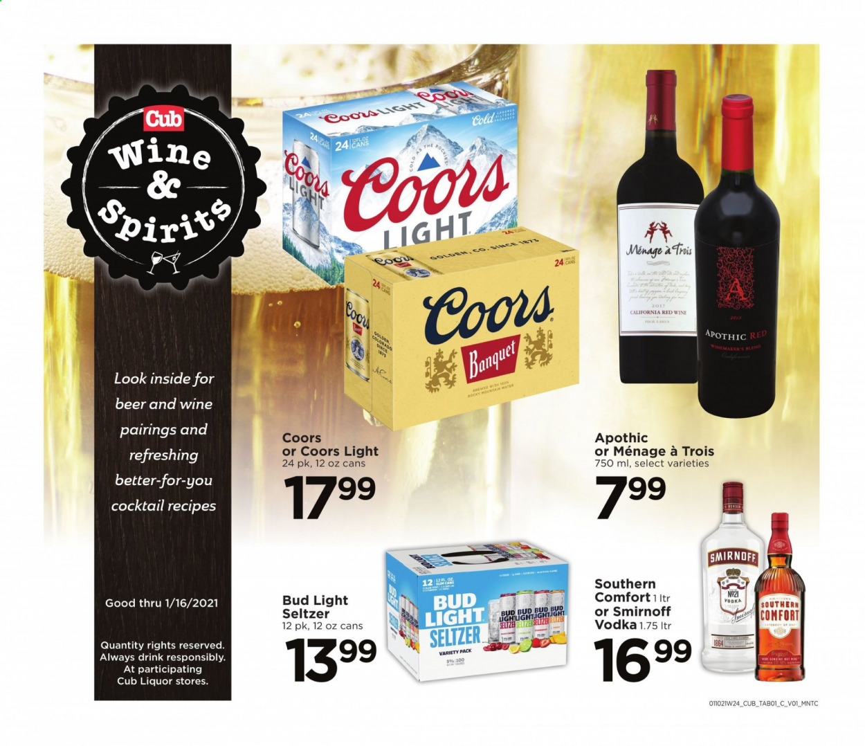 thumbnail - Cub Foods Flyer - 01/03/2021 - 01/30/2021 - Sales products - Coors, seltzer water, red wine, wine, Smirnoff, vodka, liquor, beer, Bud Light. Page 1.
