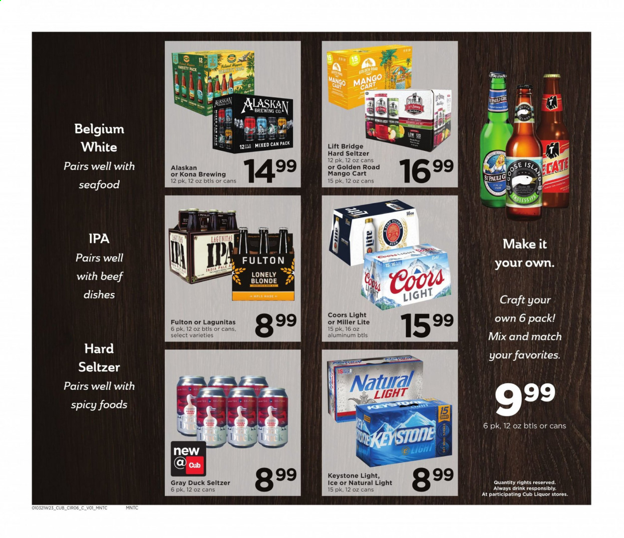 thumbnail - Cub Foods Flyer - 01/03/2021 - 01/30/2021 - Sales products - Miller Lite, Coors, seafood, mango, seltzer water, liquor, Hard Seltzer, beer, Lager, IPA, Keystone. Page 2.