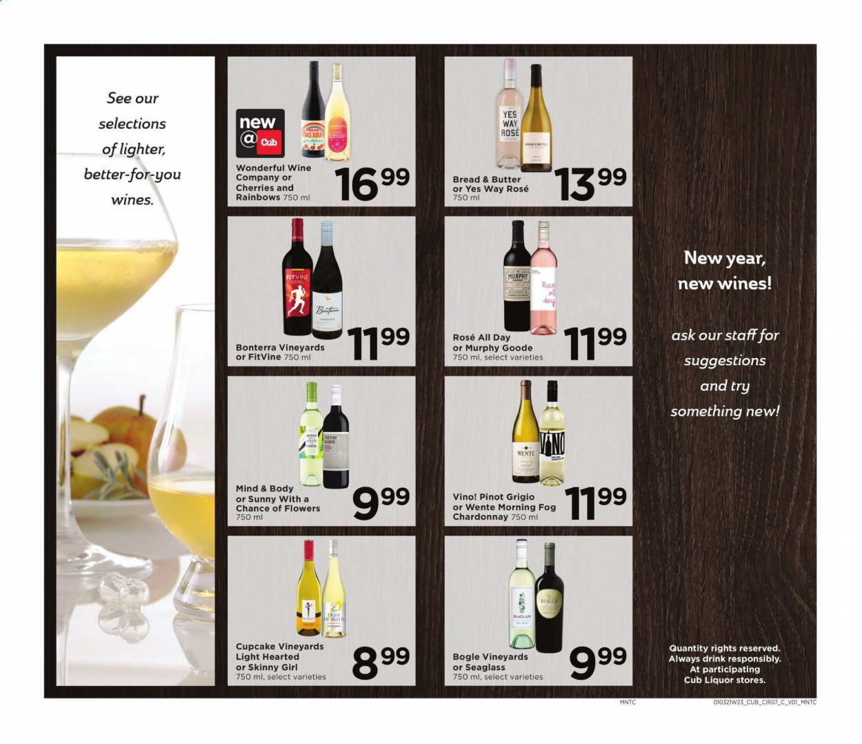 thumbnail - Cub Foods Flyer - 01/01/2021 - 01/03/2021 - Sales products - bread, cupcake, butter, Chardonnay, wine, Pinot Grigio, liquor. Page 3.