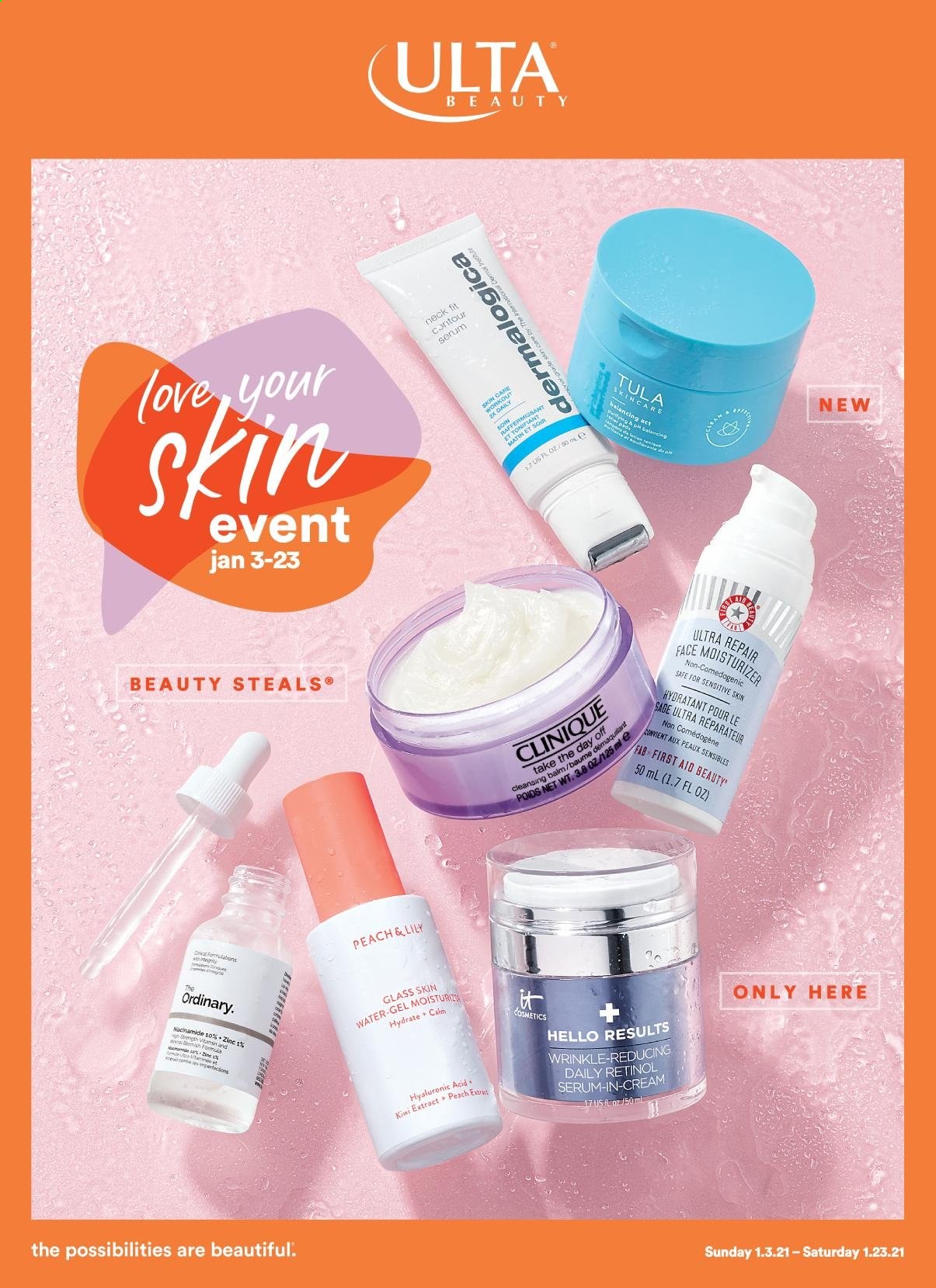 thumbnail - Ulta Beauty Flyer - 01/03/2021 - 01/23/2021 - Sales products - Clinique, serum, contour. Page 1.