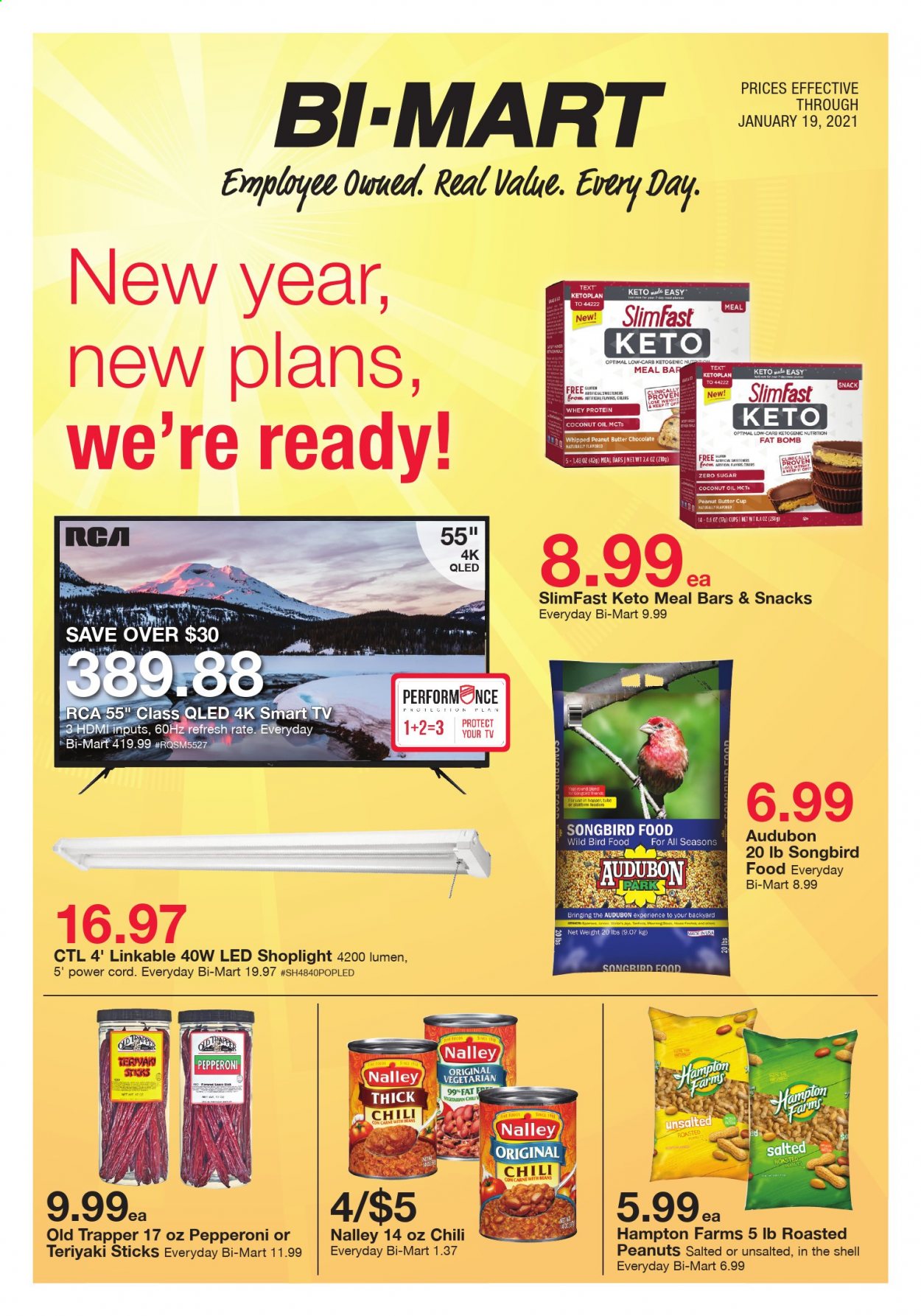 thumbnail - Bi-Mart Flyer - 01/05/2021 - 01/19/2021 - Sales products - Slimfast, pepperoni, beans, chocolate, peanut butter cups, snack, teriyaki sauce, coconut oil, peanut butter, roasted peanuts, cup, birdhouse, animal food, bird food, RCA, smart tv, TV, Shell, whey protein. Page 1.