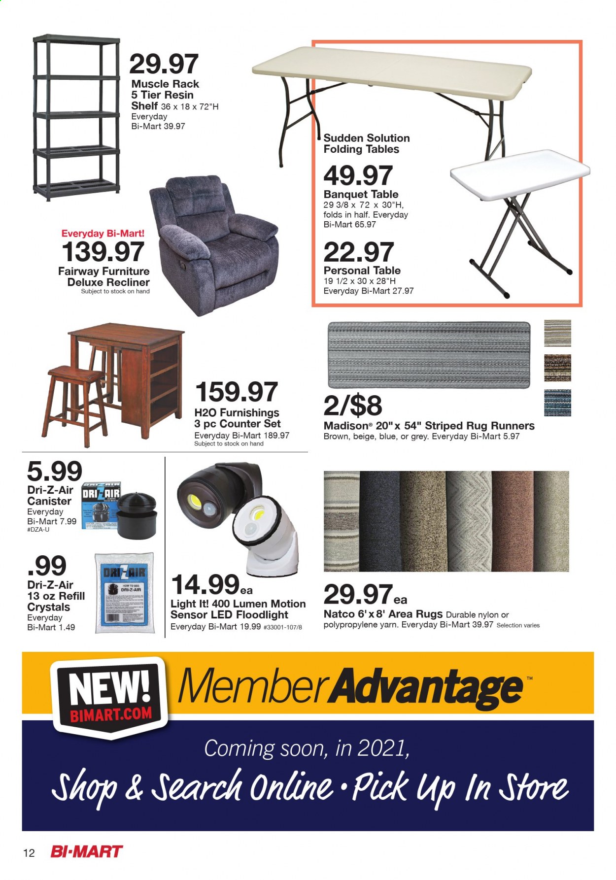 thumbnail - Bi-Mart Flyer - 01/05/2021 - 01/19/2021 - Sales products - table, recliner chair, shelves, canister, motion sensor, floodlight, rug, area rug. Page 12.