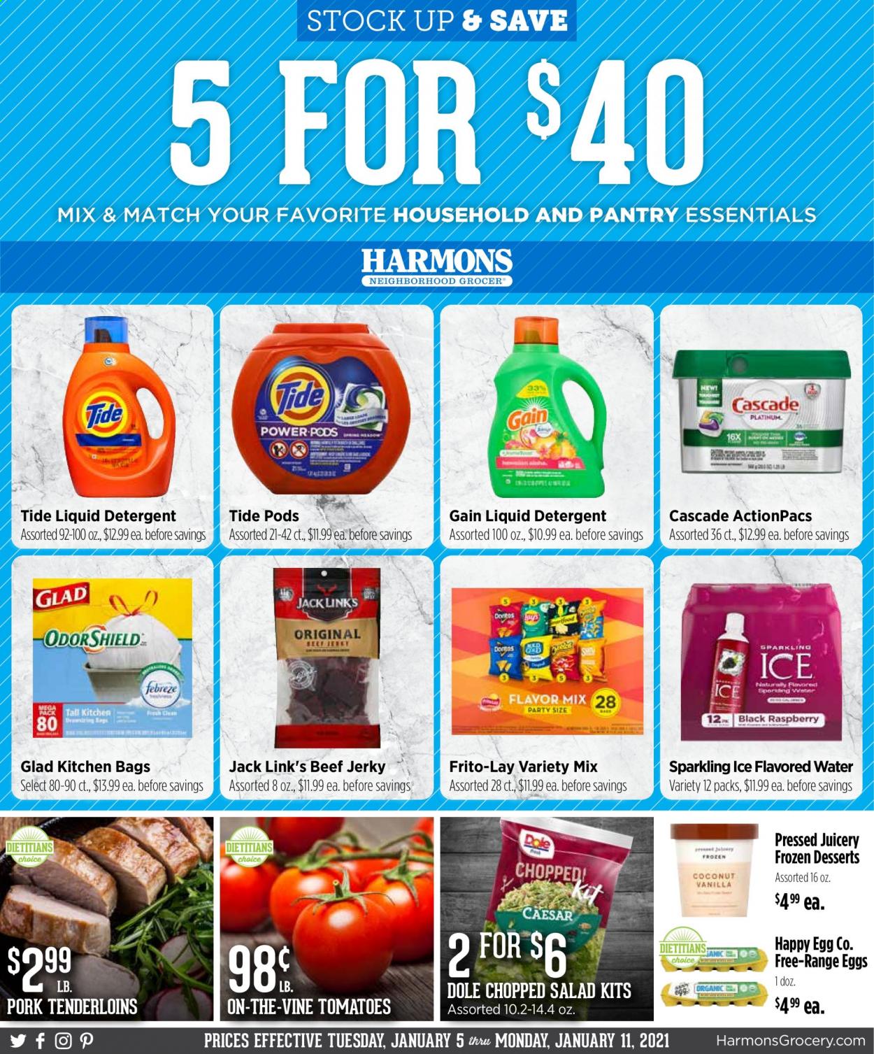 thumbnail - Harmons Flyer - 01/05/2021 - 01/11/2021 - Sales products - Dole, salad, beef jerky, jerky, eggs, Frito-Lay, Jack Link's, flavored water, pork tenderloin, detergent, Gain, Cascade, Tide, liquid detergent. Page 1.