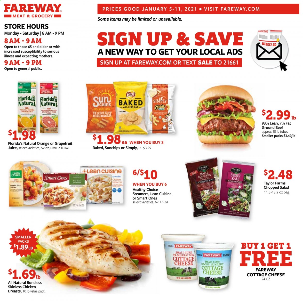 thumbnail - Fareway Flyer - 01/05/2021 - 01/11/2021 - Sales products - oranges, salad, Lean Cuisine, Healthy Choice, cottage cheese, cheese, Florida's Natural, juice, chicken breasts, beef meat, ground beef. Page 1.