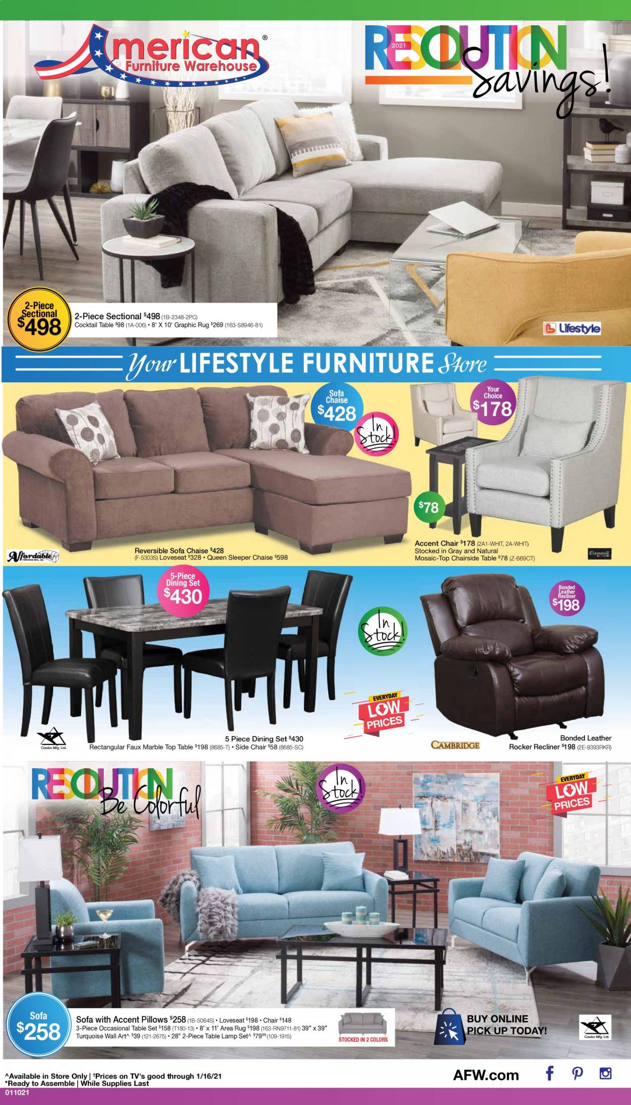 thumbnail - American Furniture Warehouse Flyer - 01/03/2021 - 01/16/2021 - Sales products - dining set, table set, side chair, chair, 2-piece sectional, accent chair, loveseat, sofa, recliner chair, pillow, rug, area rug. Page 1.