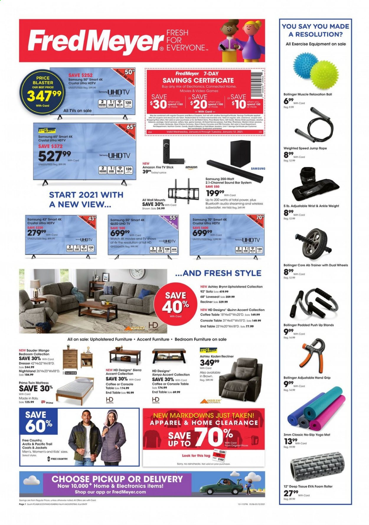 thumbnail - Fred Meyer Flyer - 01/06/2021 - 01/12/2021 - Sales products - Amazon Fire, mango, alcohol, tissues, Samsung, UHD TV, HDTV, TV, subwoofer, wireless subwoofer, sound bar, soundbar system, Fire TV Stick, roller, recliner chair. Page 1.