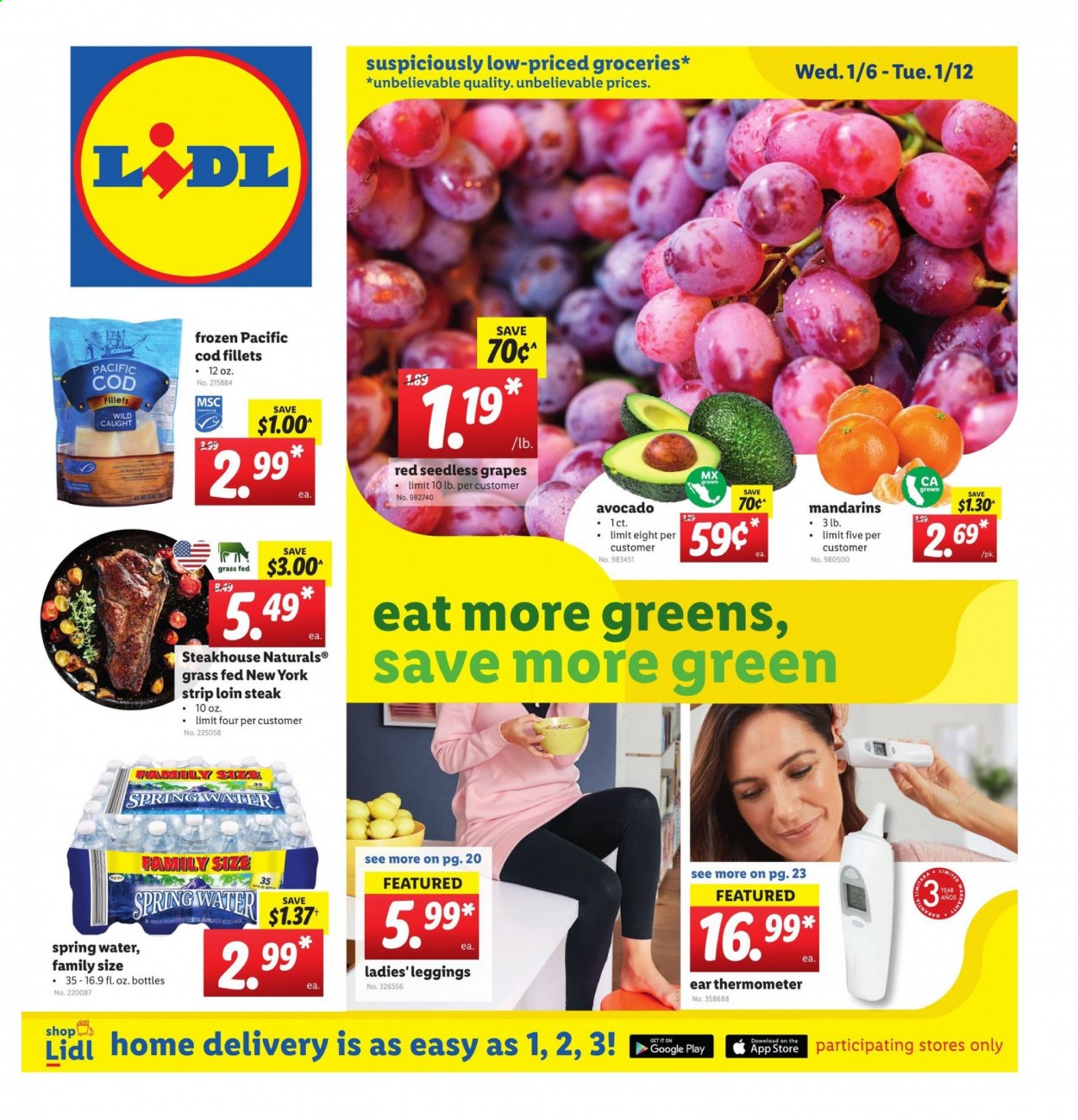 thumbnail - Lidl Flyer - 01/06/2021 - 01/12/2021 - Sales products - seedless grapes, cod, mandarines, spring water, steak, thermometer, leggings, avocado, grapes. Page 1.