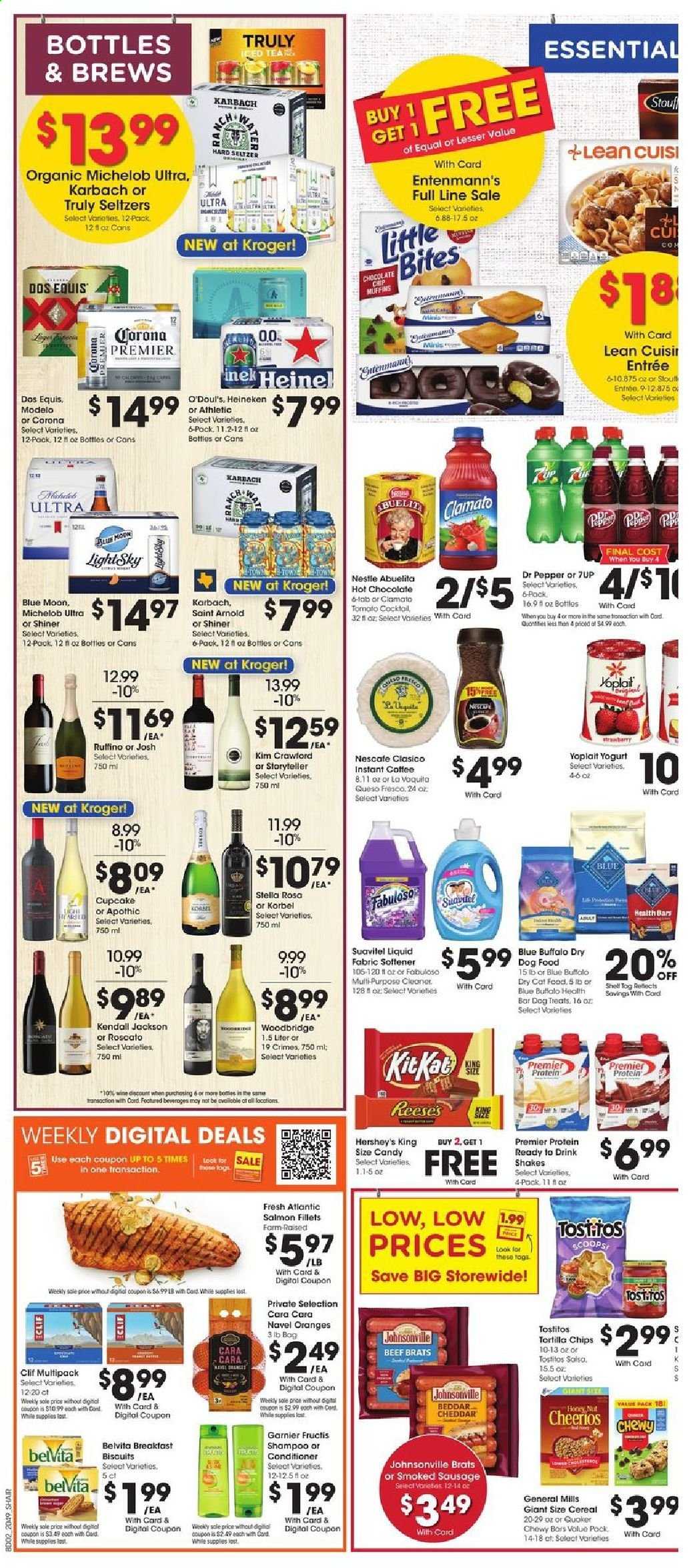 thumbnail - Kroger Flyer - 01/06/2021 - 01/12/2021 - Sales products - Johnsonville, cupcake, muffin, Entenmann's, Little Bites, oranges, salmon, salmon fillet, sausage, smoked sausage, queso fresco, cheddar, yoghurt, Yoplait, shake, salsa, Reese's, Hershey's, Nestlé, chocolate, KitKat, biscuit, tortilla chips, chips, Tostitos, cereals, Cheerios, belVita, honey, Dr. Pepper, Clamato, 7UP, seltzer water, tea, instant coffee, Nescafé, wine, Woodbridge, Hard Seltzer, TRULY, beer, Dos Equis, Blue Moon, Michelob, Corona Extra, Heineken, Modelo, cleaner, Fabuloso, fabric softener, shampoo, Garnier, conditioner, Fructis, animal food, Blue Buffalo, cat food, dog food, dry dog food, dry cat food, bag. Page 4.
