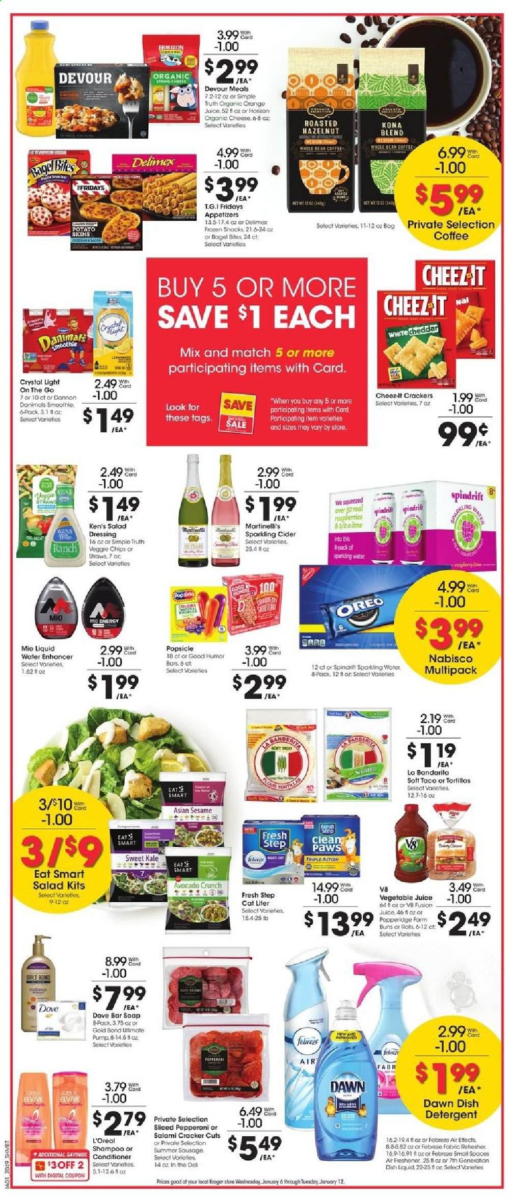 thumbnail - Kroger Flyer - 01/06/2021 - 01/12/2021 - Sales products - raspberries, tortillas, bagels, buns, eel, salad, salami, sausage, summer sausage, pepperoni, cheese, Oreo, Danimals, Devour, crackers, snack, Cheez-It, dressing, juice, vegetable juice, Spindrift, smoothie, coffee, sparkling cider, apple cider, Dove, detergent, Febreze, shampoo, soap bar, soap, L’Oréal, conditioner, straw, air freshener, Paws, Fresh Step. Page 7.