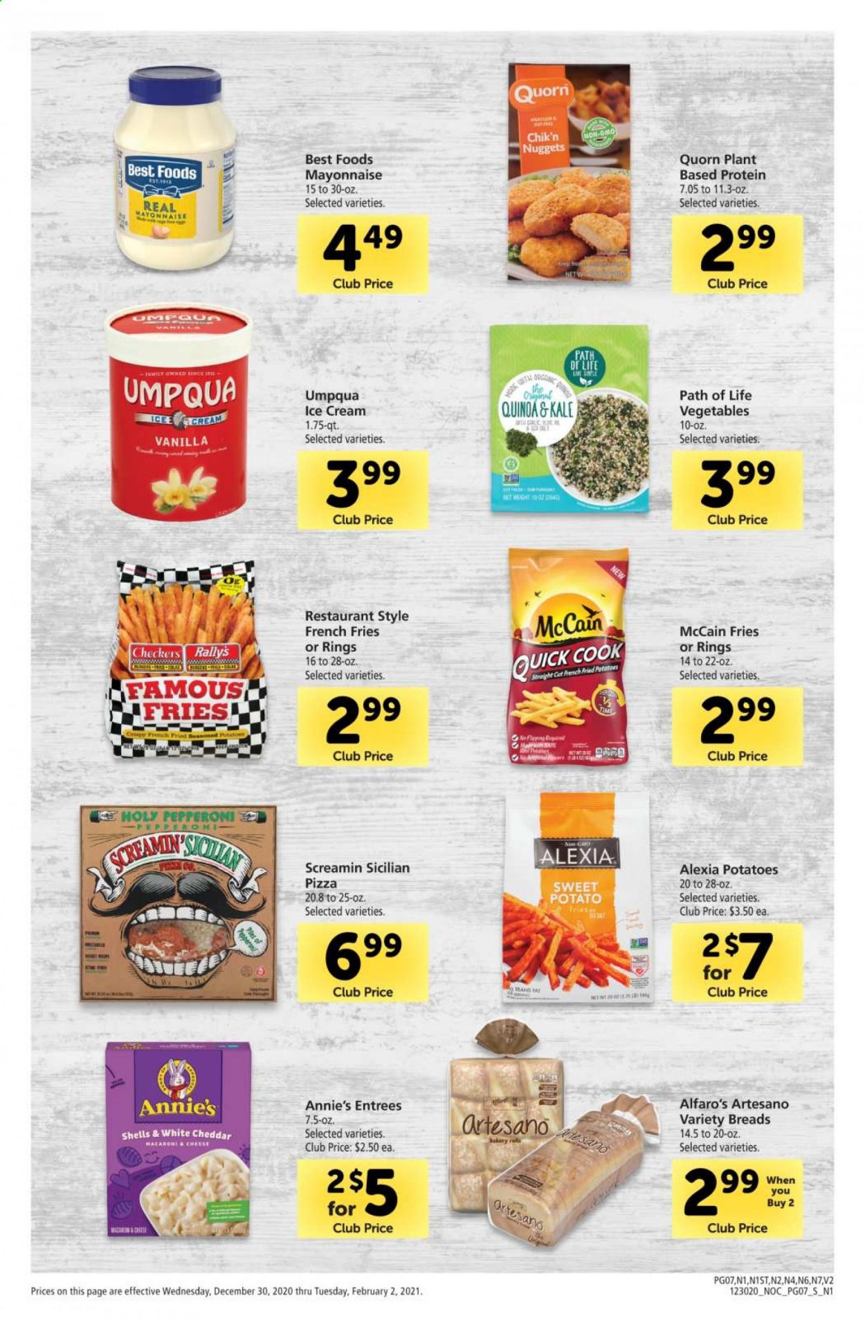 thumbnail - Safeway Flyer - 12/30/2020 - 02/02/2021 - Sales products - nuggets, pizza, Annie's, pepperoni, cheddar, cheese, mayonnaise, ice cream, sweet potato, McCain, potato fries, french fries, quinoa, Omo. Page 7.
