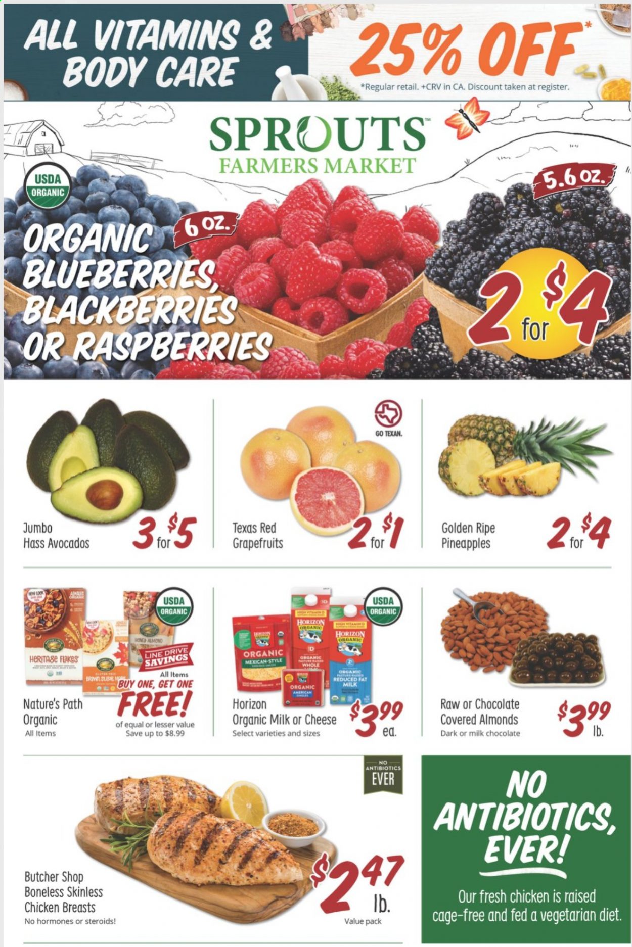 thumbnail - Sprouts Flyer - 01/06/2021 - 01/12/2021 - Sales products - blackberries, blueberries, raspberries, organic milk, milk chocolate, almonds, chicken breasts. Page 1.