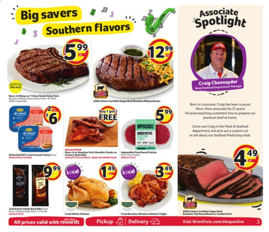 thumbnail - Winn Dixie Flyer - 01/06/2021 - 01/12/2021 - Sales products - Jack Daniel's, hamburger, Butterball, ground turkey, chicken thighs, beef meat, beef steak, steak, bone-in ribeye, ribeye steak, pork meat, pork shoulder, pork back ribs, Dixie. Page 3.