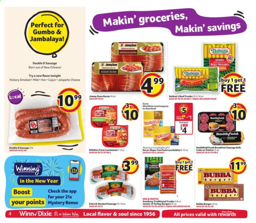 thumbnail - Winn Dixie Flyer - 01/06/2021 - 01/12/2021 - Sales products - sausage rolls, hamburger, Lunchables, Jimmy Dean, Hillshire Farm, Oscar Mayer, sausage, smoked sausage, lunch meat, cheese, jalapeño, Boost. Page 4.