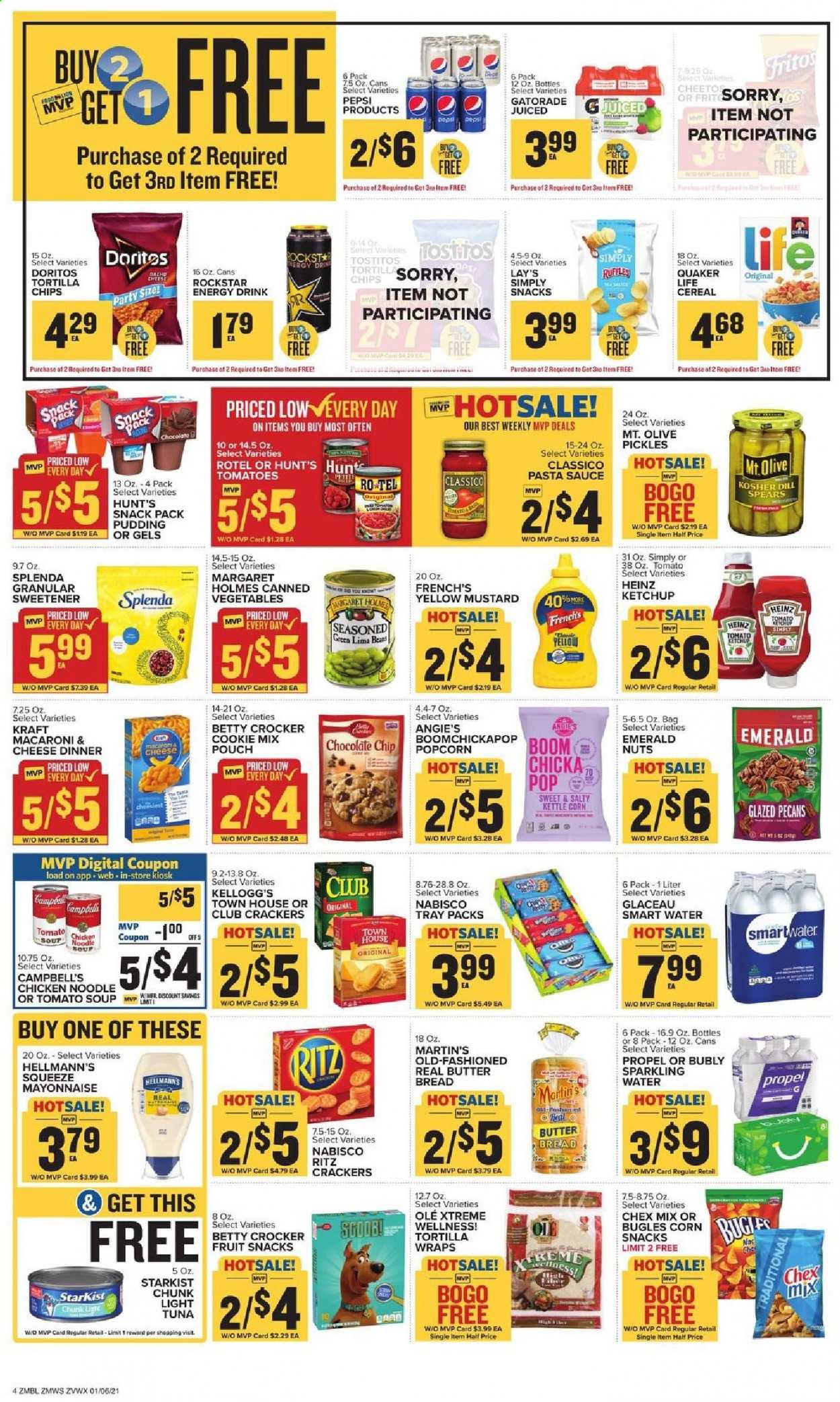 thumbnail - Food Lion Flyer - 01/06/2021 - 01/12/2021 - Sales products - pickles, bread, tuna, StarKist, Campbell's, macaroni & cheese, tomato soup, chicken soup, soup, sauce, Quaker, Kraft®, pudding, mayonnaise, Hellmann’s, beans, cookies, crackers, Kellogg's, fruit snack, RITZ, Doritos, tortilla chips, kettle corn, Cheetos, chips, Lay’s, popcorn, Tostitos, Chex Mix, Heinz, canned vegetables, light tuna, cereals, Fritos, lima beans, noodles, dill, mustard, ketchup, pasta sauce, pecans, Pepsi, energy drink, Rockstar, Gatorade, sparkling water, Voom, tray. Page 5.