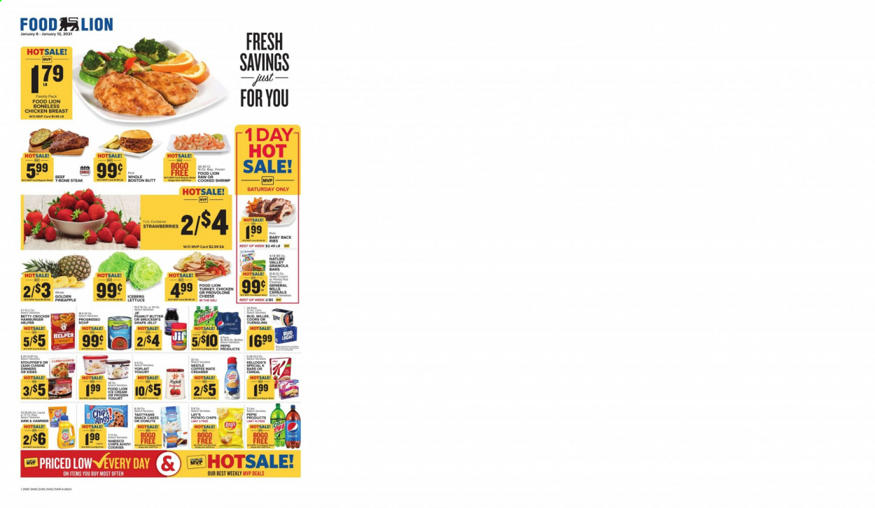 thumbnail - Food Lion Flyer - 01/06/2021 - 01/12/2021 - Sales products - Coors, Yuengling, lettuce, toast bread, cake, donut, shrimps, soup, Lean Cuisine, cheese, Provolone, yoghurt, jelly, creamer, strawberries, Stouffer's, cookies, Nestlé, potato chips, snack, Lay’s, ARM & HAMMER, granola bar, Nature Valley, grape jelly, peanut butter, Jif, beer, Bud Light, Miller, chicken breasts, beef meat, t-bone steak, steak, pork meat, pork back ribs. Page 1.