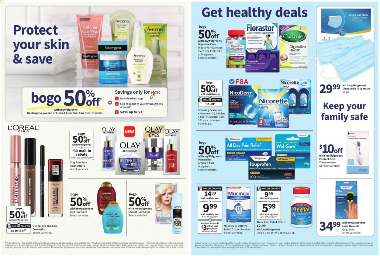 thumbnail - Walgreens Flyer - 01/10/2021 - 01/16/2021 - Sales products - Digestive, Thins, Boost, Aveeno, shampoo, L’Oréal, moisturizer, Neutrogena, serum, Olay, Clean & Clear, OGX, hair color, keratin, Daily Scrub, Absolute, pain relief, Aleve, Culturelle, Delsym, Mucinex, NicoDerm, Nicorette, Ibuprofen, probiotics, argan oil, cough drops, thermometer, face mask, pulse oximeter. Page 2.