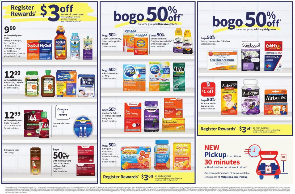 thumbnail - Walgreens Flyer - 01/10/2021 - 01/16/2021 - Sales products - honey, syrup, seltzer water, Abreva, Vicks, Afrin, DayQuil, Cold & Flu, Robitussin, Theraflu, vitamin c, NyQuil, zinc, Alka-seltzer, Emergen-C, cough drops, Sambucol, Oscillococcinum, Cold-EEZE, Boiron, Sinex, dietary supplement. Page 5.
