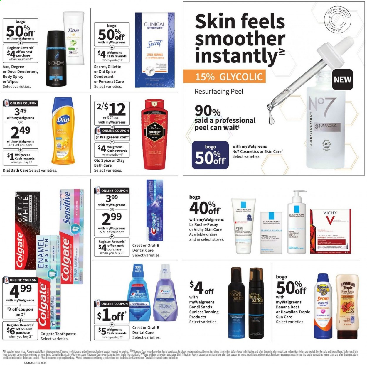 thumbnail - Walgreens Flyer - 01/10/2021 - 01/16/2021 - Sales products - wipes, Dove, Vichy, Old Spice, Dial, Colgate, Oral-B, toothpaste, Crest, cleanser, La Roche-Posay, moisturizer, Olay, Bondi Sands, body spray, anti-perspirant, deodorant, Gillette, Elf. Page 12.