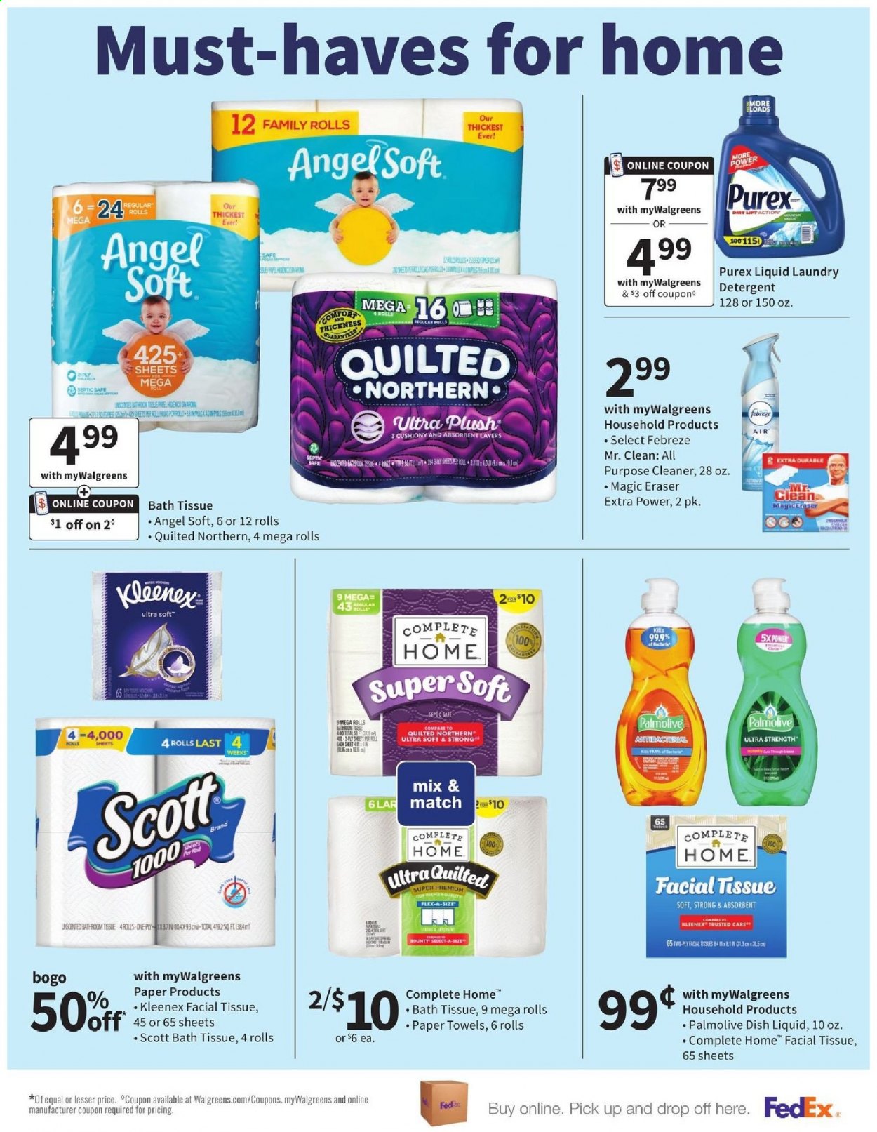 thumbnail - Walgreens Flyer - 01/10/2021 - 01/16/2021 - Sales products - Scott, bath tissue, Kleenex, Quilted Northern, kitchen towels, paper towels, detergent, Febreze, cleaner, laundry detergent, Purex, dishwashing liquid, Palmolive, eraser. Page 17.