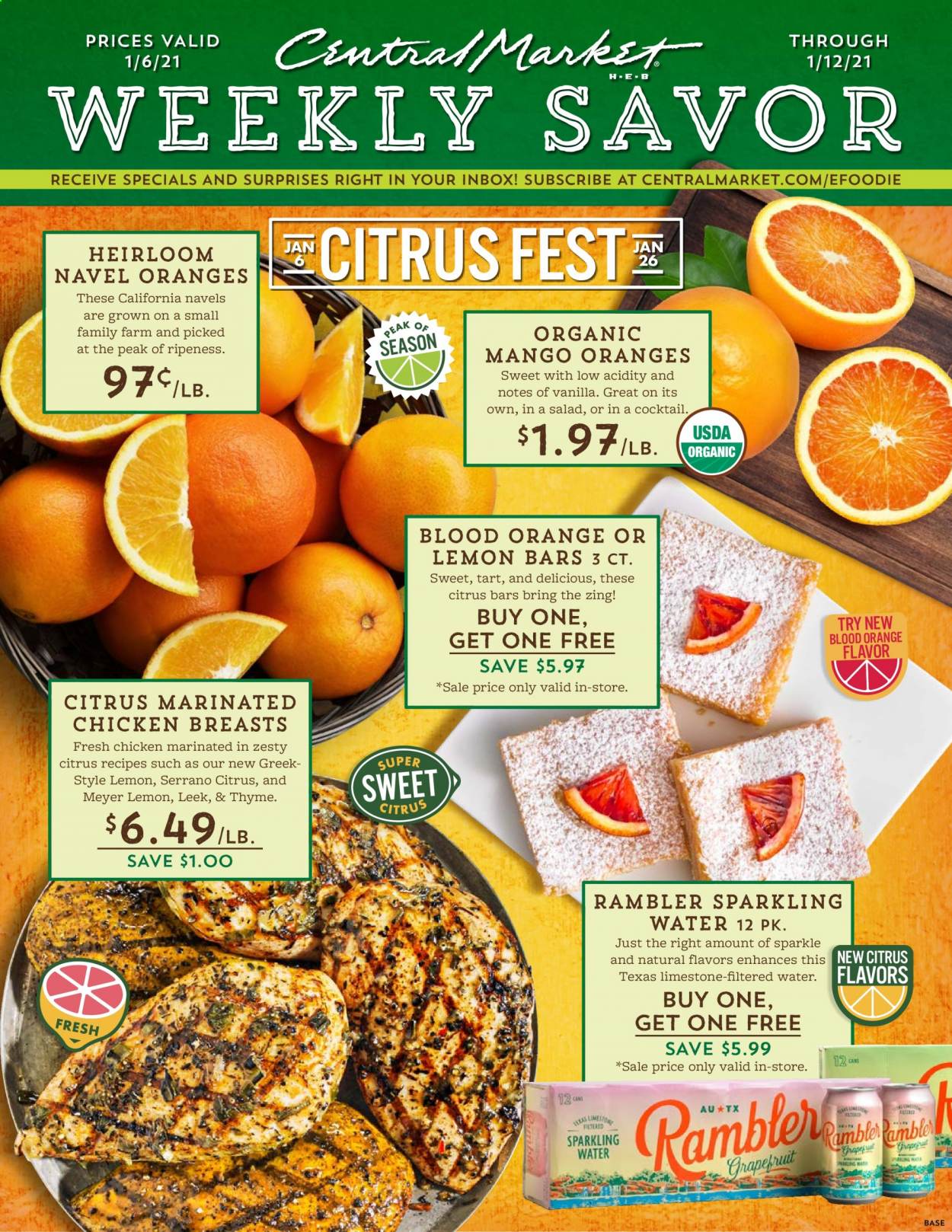 thumbnail - Central Market Flyer - 01/06/2021 - 01/12/2021 - Sales products - tart, mango, sparkling water, chicken breasts. Page 1.