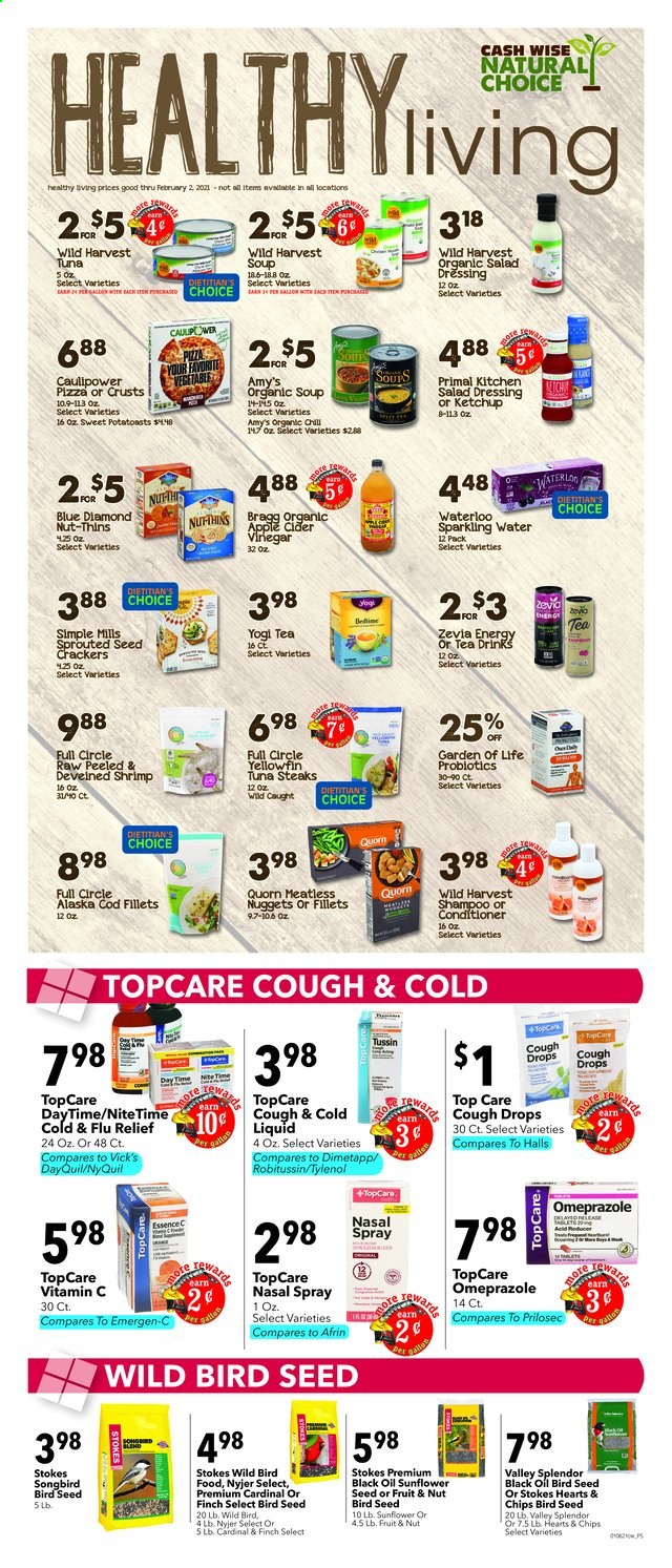 thumbnail - Cash Wise Flyer - 01/06/2021 - 02/02/2021 - Sales products - cod, tuna, shrimps, pizza, soup, nuggets, Halls, crackers, Wild Harvest, chips, Thins, salad dressing, ketchup, dressing, oil, sunflower seeds, Blue Diamond, sparkling water, tea, apple cider, steak. Page 2.
