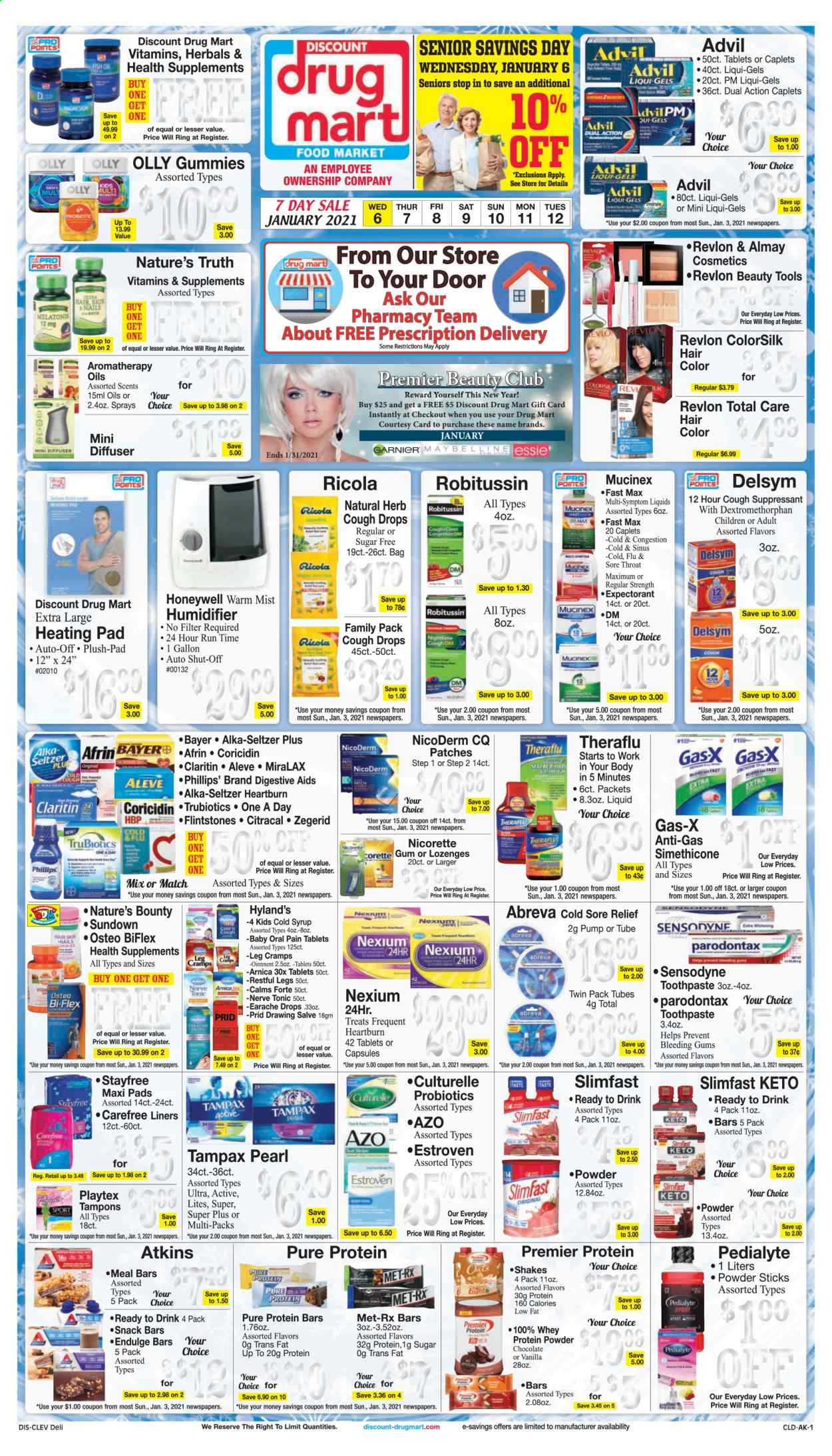 thumbnail - Discount Drug Mart Flyer - 01/06/2021 - 01/12/2021 - Sales products - Slimfast, shake, ricola, chocolate, Bounty, Digestive, snack bar, snack, powder chocolate, protein bar, herbs, fish oil, syrup, tonic, 7UP, seltzer water, ointment, toothpaste, Sensodyne, Stayfree, Tampax, Playtex, sanitary pads, Carefree, tampons, Abreva, Almay, Revlon, hair color, pan, diffuser, aromatherapy oils, heating pad, Honeywell, humidifier, Afrin, Aleve, Coricidin, Culturelle, Delsym, Cold & Flu, MiraLAX, Mucinex, Nature's Bounty, Nature's Truth, NicoDerm, Nicorette, Robitussin, Theraflu, probiotics, Osteo bi-flex, Nexium, Bi-Flex, Advil Rapid, Alka-seltzer, whey protein, cough drops, Bayer, health supplement. Page 1.