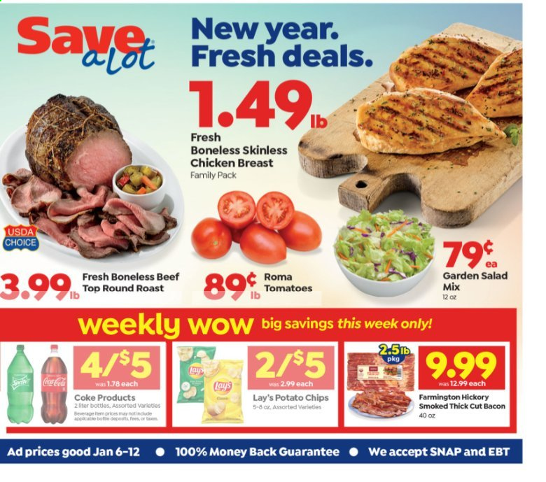 thumbnail - Save a Lot Flyer - 01/06/2021 - 01/12/2021 - Sales products - salad, bacon, potato chips, chips, Lay’s, Coca-Cola, chicken breasts, beef meat, round roast. Page 1.