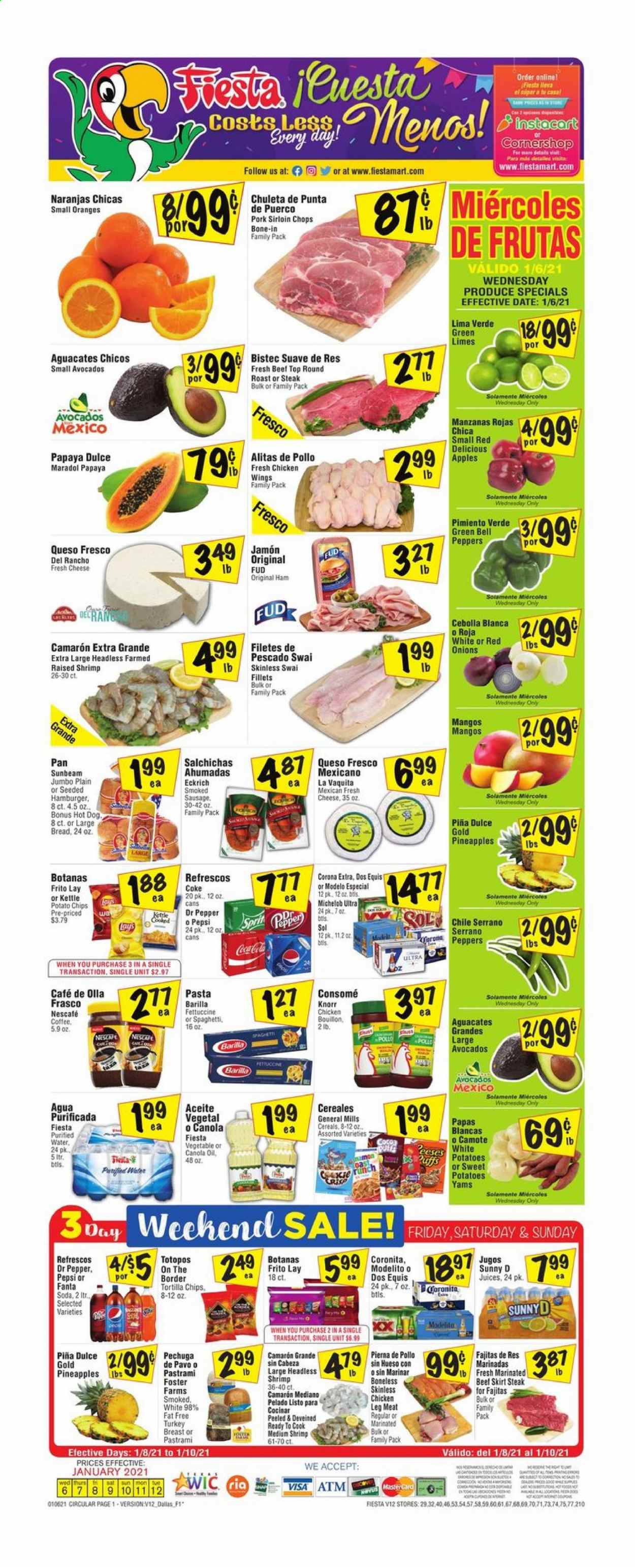 thumbnail - Fiesta Mart Flyer - 01/06/2021 - 01/12/2021 - Sales products - Dos Equis, Michelob, sweet potato, papaya, bread, puffs, apples, oranges, shrimps, hot dog, hamburger, Knorr, Barilla, ham, sausage, smoked sausage, queso fresco, cheese, mango, tortilla chips, potato chips, chips, Lay’s, Mexicano, bouillon, cereals, pasta, canola oil, Coca-Cola, Pepsi, soda, juice, Fanta, Dr. Pepper, purified water, Nescafé, beer, Corona Extra, Sol, turkey breast, beef meat, pastrami, steak, round roast, pork loin, Suave, skirt, Sunbeam, avocado, limes, Red Delicious apples, pineapple. Page 1.