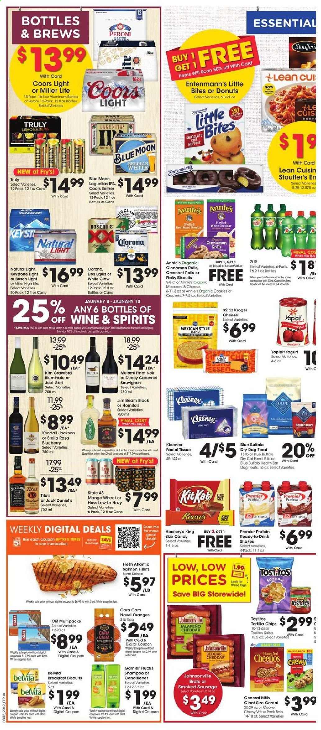 thumbnail - Fry’s Flyer - 01/06/2021 - 01/12/2021 - Sales products - Johnsonville, cinnamon roll, crescent rolls, donut, muffin, Entenmann's, Little Bites, oranges, salmon, salmon fillet, Jack Daniel's, Annie's, sausage, smoked sausage, cheddar, yoghurt, Yoplait, shake, salsa, Reese's, Hershey's, mango, Stouffer's, cookies, KitKat, crackers, biscuit, tortilla chips, chips, Tostitos, jalapeño, cereals, Cheerios, belVita, lemonade, 7UP, seltzer water, L'Or, Cabernet Sauvignon, wine, Pinot Noir, Jim Beam, White Claw, TRULY, beer, Miller Lite, Coors, Dos Equis, Blue Moon, Busch, Corona Extra, Peroni, IPA, Keystone, Kleenex, tissues, shampoo, Garnier, conditioner, Fructis, animal food, Blue Buffalo, cat food, dry cat food. Page 4.