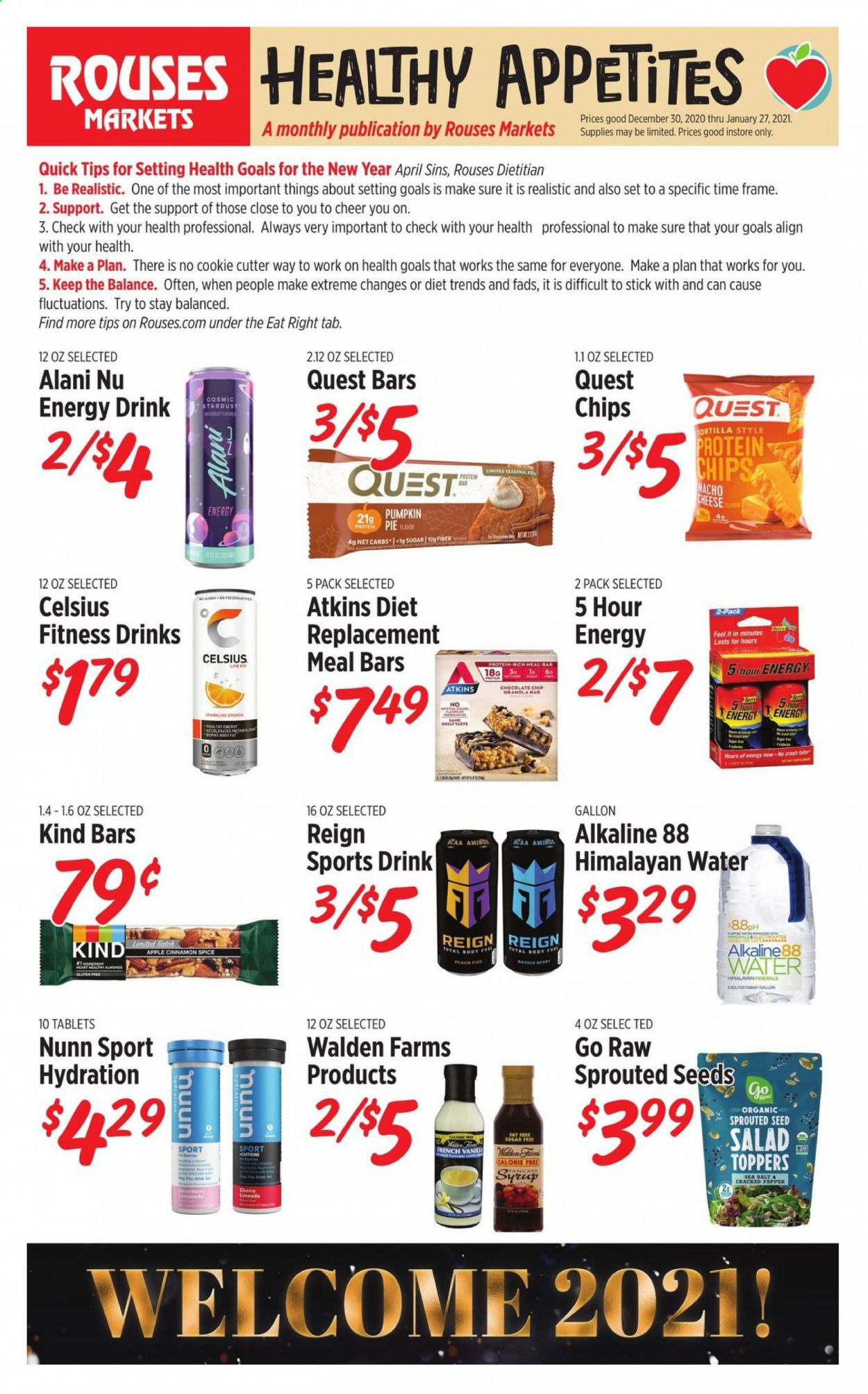 thumbnail - Rouses Markets Flyer - 12/30/2020 - 01/27/2021 - Sales products - tortillas, pie, pancakes, oranges, salad, cheese, chips, sea salt, granola, protein bar, granola bar, cinnamon, syrup, energy drink, plant seeds. Page 1.