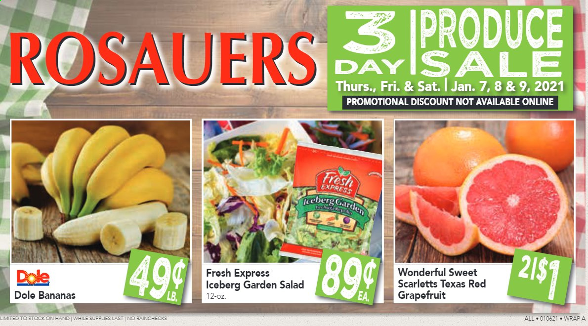 thumbnail - Rosauers Flyer - 01/07/2021 - 01/09/2021 - Sales products - Dole, bananas, salad. Page 1.