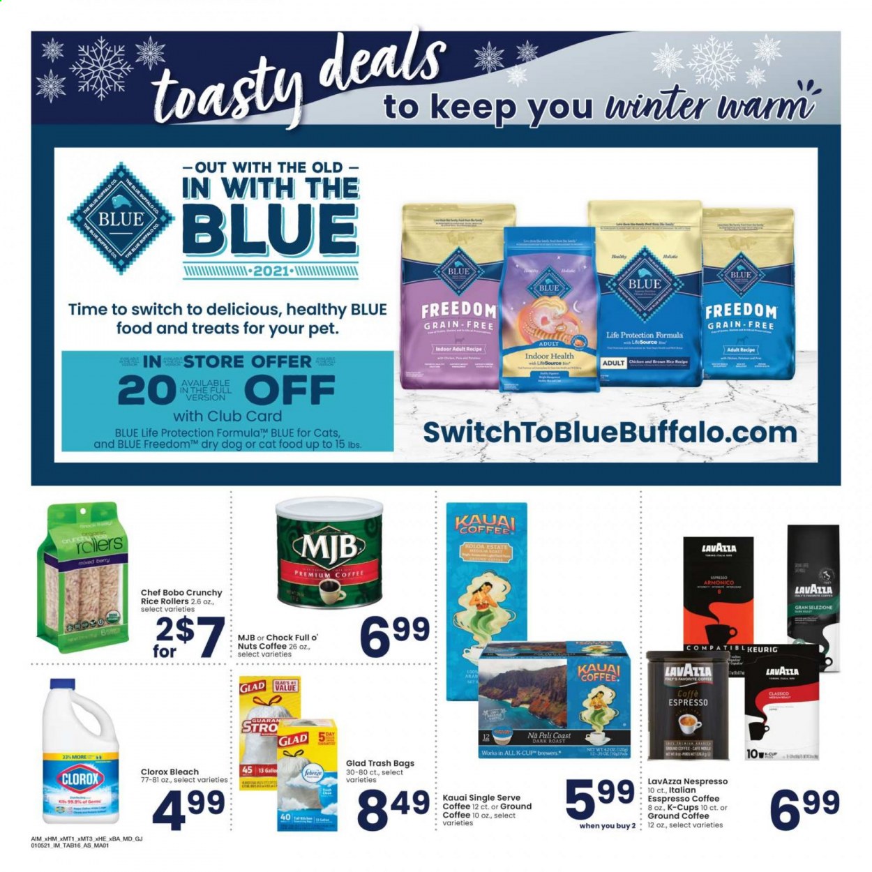 thumbnail - Albertsons Flyer - 01/05/2021 - 02/01/2021 - Sales products - brewer, rice, coffee, Nespresso, ground coffee, coffee capsules, K-Cups, Lavazza, Febreze, Clorox, bleach, trash bags, mouse, animal food, Blue Buffalo, cat food. Page 16.