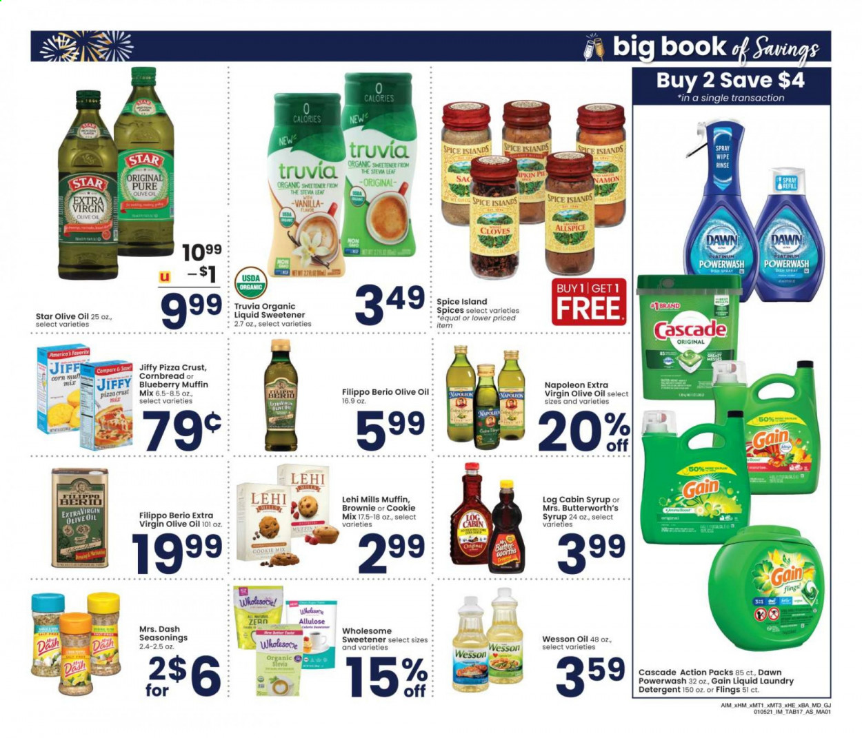 thumbnail - Albertsons Flyer - 01/05/2021 - 02/01/2021 - Sales products - corn bread, pie, brownies, muffin, pizza, butter, corn, cookies, stevia, cloves, extra virgin olive oil, olive oil, syrup, detergent, Gain, Cascade, laundry detergent, Jiffy. Page 17.