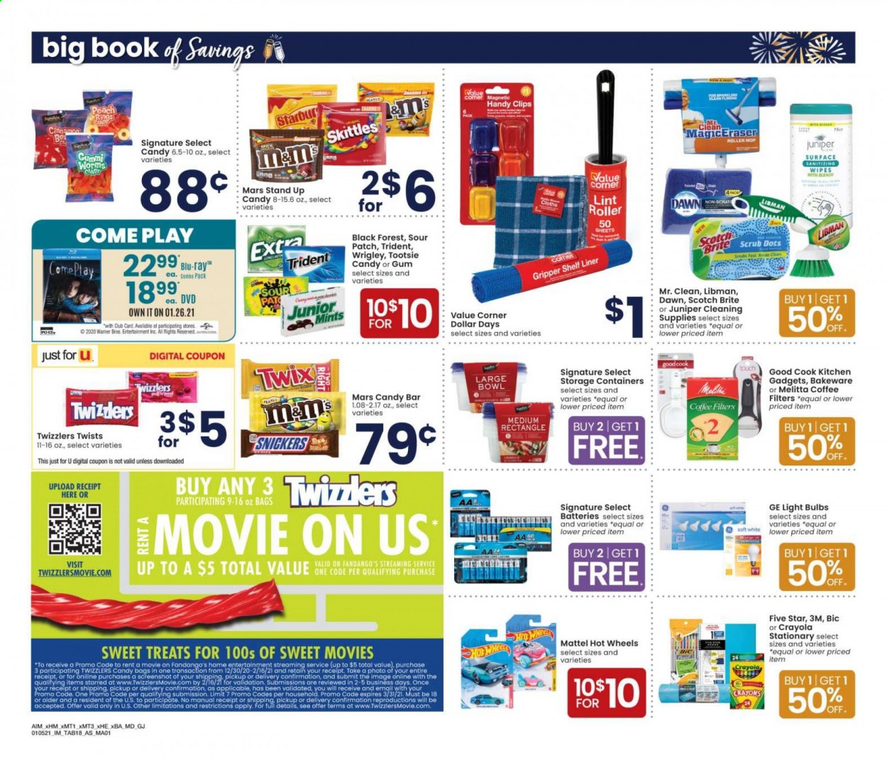 thumbnail - Albertsons Flyer - 01/05/2021 - 02/01/2021 - Sales products - milk, Twix, Mars, Skittles, Trident, Sour Patch, cinnamon, coffee, wipes, antiseptic wipes, BIC, mop, bakeware, crayons, lint roller, battery, bulb, light bulb, Mattel, Hot Wheels. Page 18.